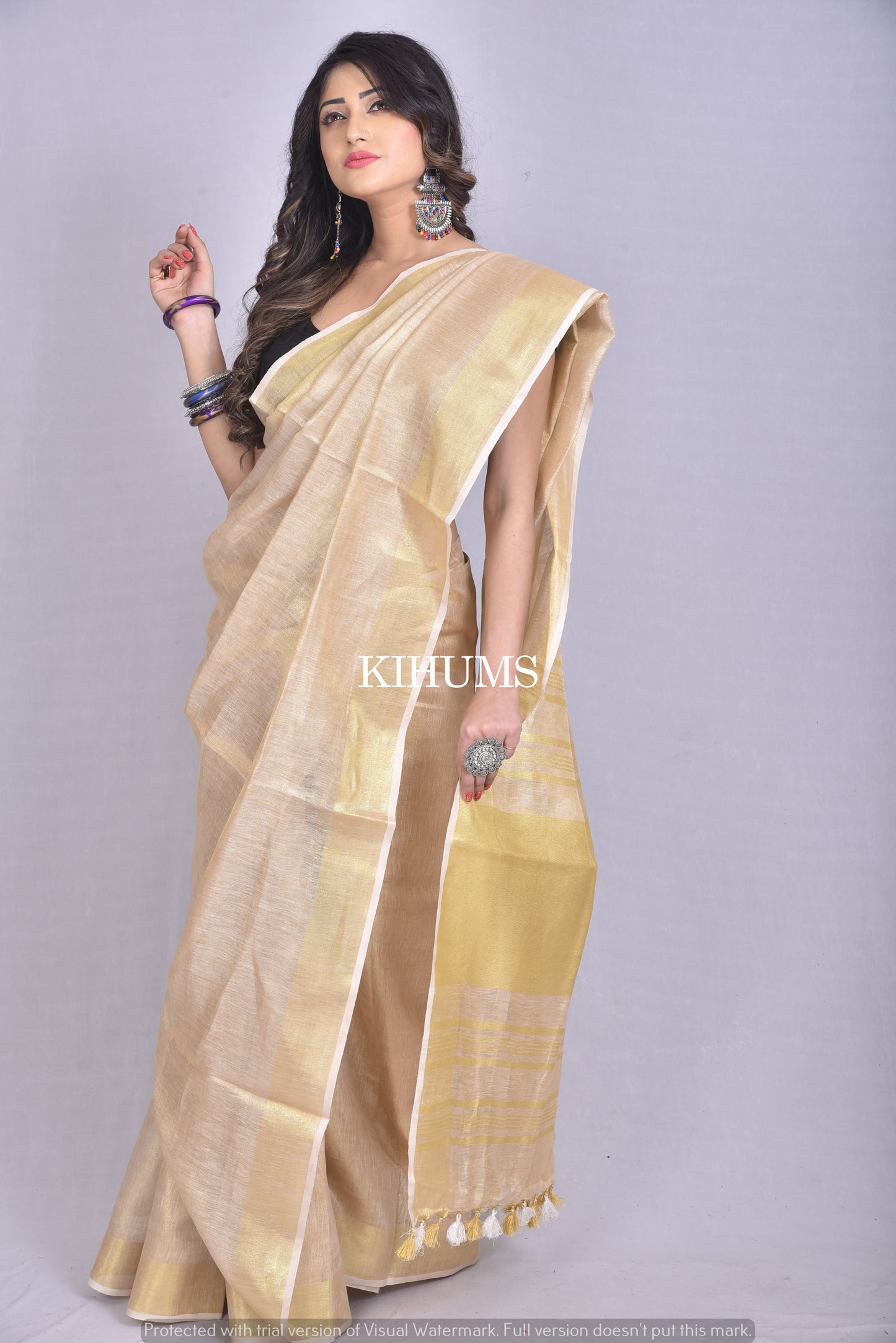 Beige Shade with Gold Tinge | Tissue Linen Saree | KIHUMS Saree