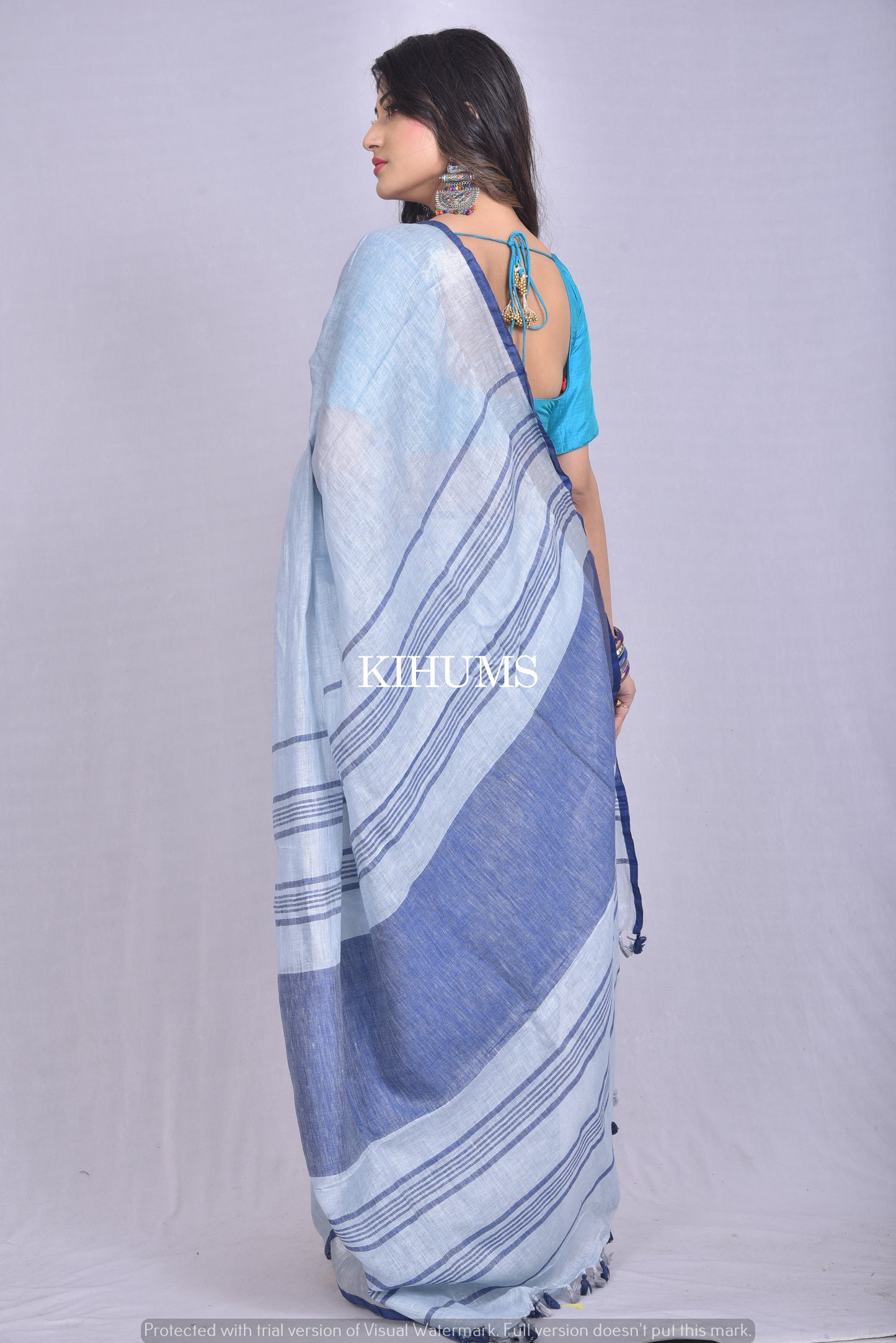 Blue Handwoven Linen Saree | Silver Zari border | KIHUMS Saree