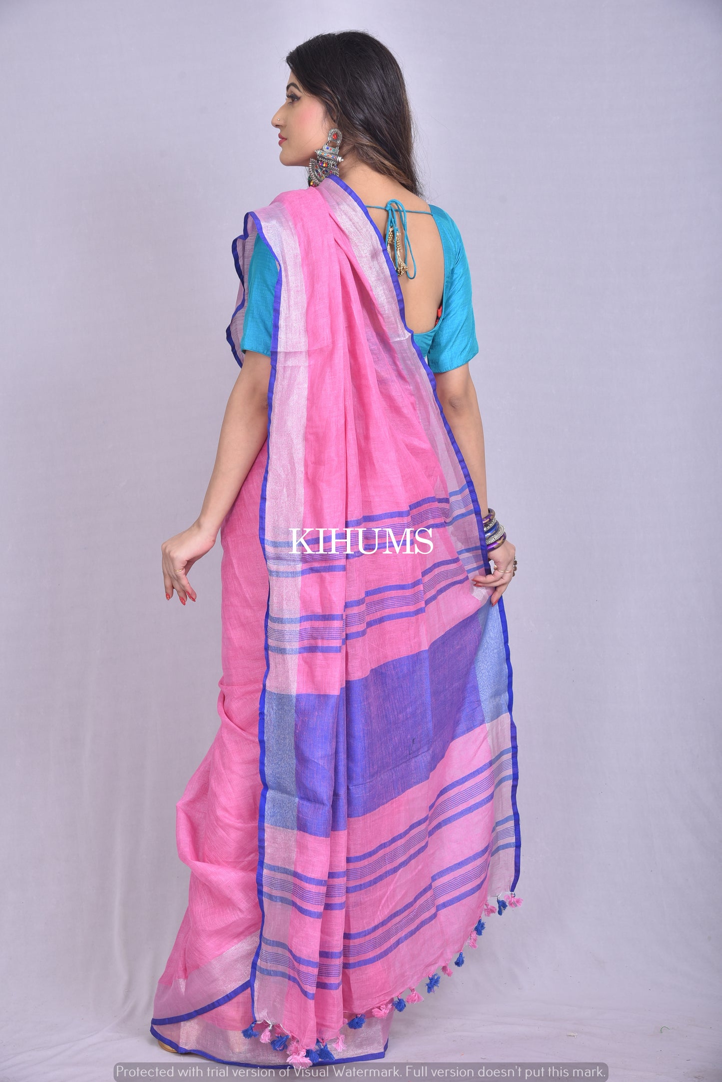 Pink Handwoven Linen Saree | Silver Zari border | KIHUMS Saree