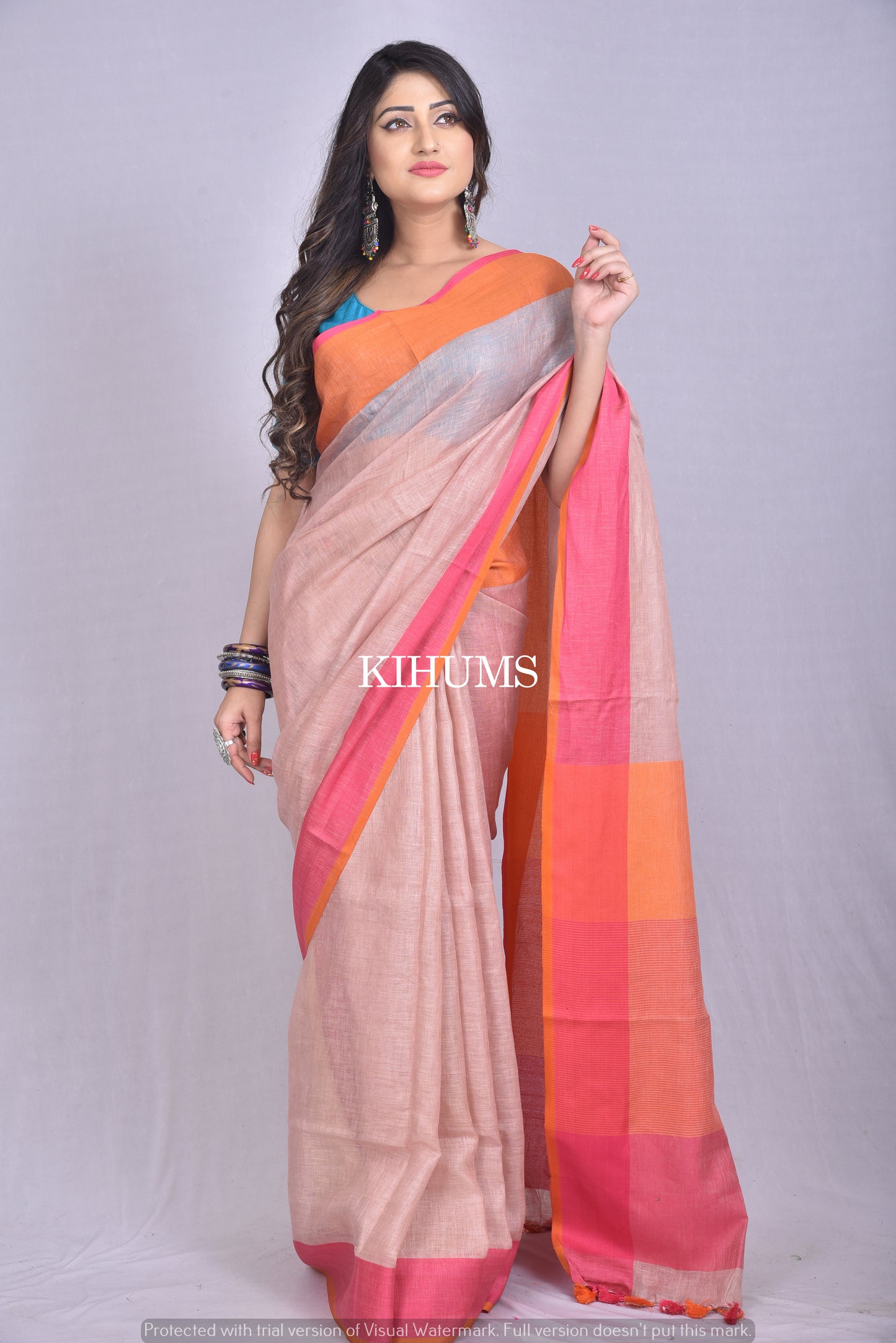 Beige Shade Handwoven Linen Saree | Contrast border | KIHUMS Saree