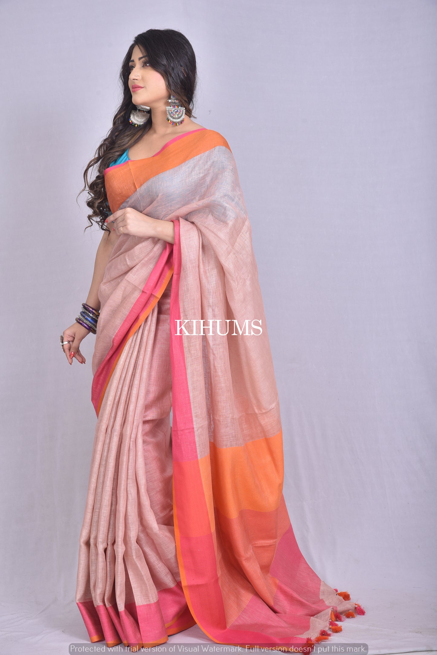 Beige Shade Handwoven Linen Saree | Contrast border | KIHUMS Saree