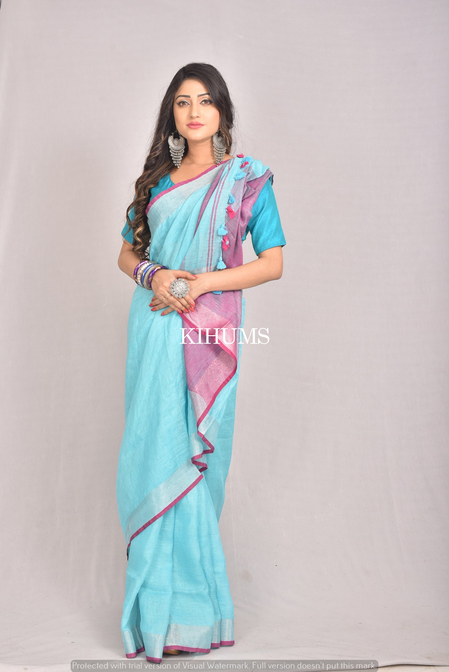Blue Shade Handwoven Linen Saree | Contrast border | KIHUMS Saree