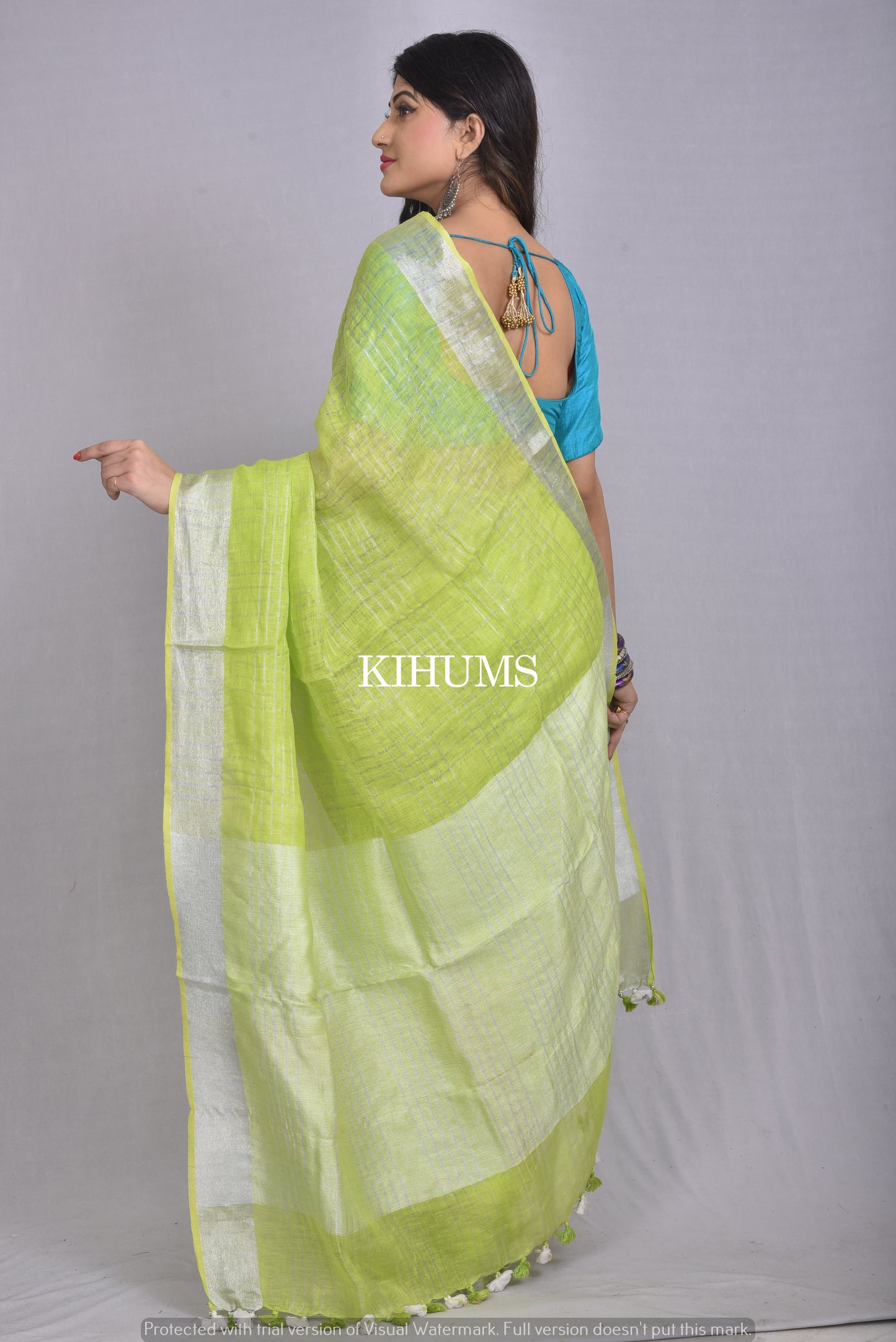 Grass Green Handwoven Linen Saree | Silver Zari Checks | KIHUMS Saree