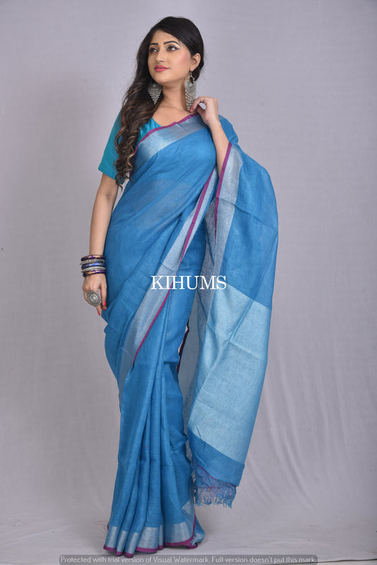 Dark Blue Handwoven Linen Saree | Silver Zari Border| KIHUMS Saree