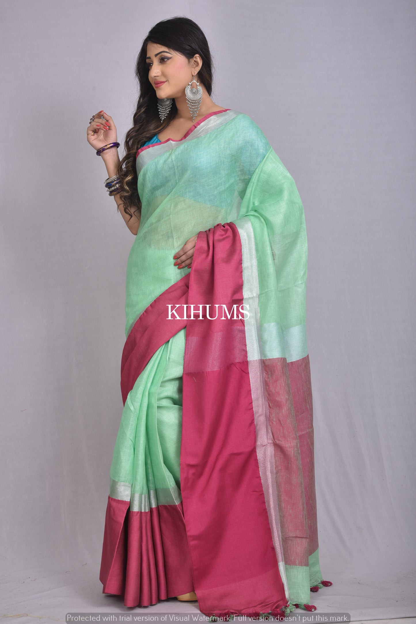 Light Green Handwoven Linen Saree | Pink Contrast Border| KIHUMS Saree