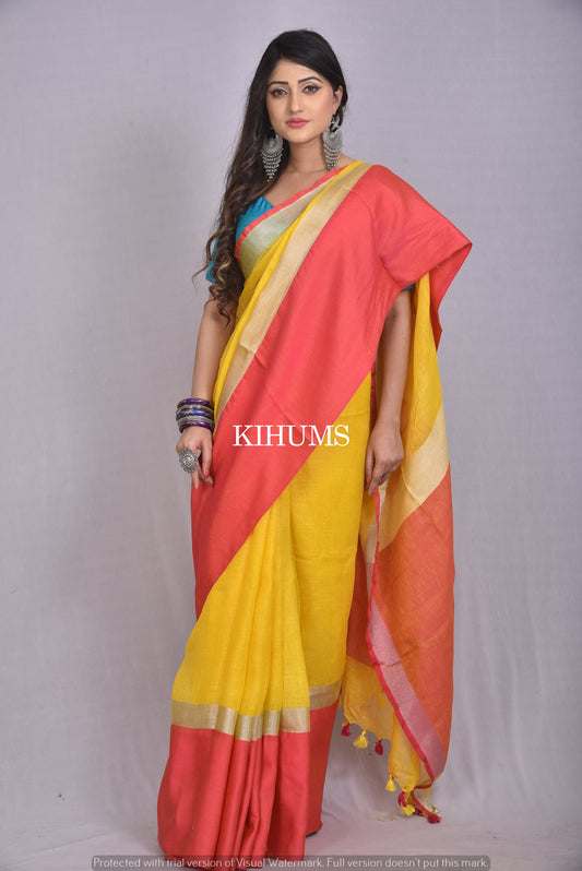 Yellow Handwoven Linen Saree | Red Contrast Border| KIHUMS Saree