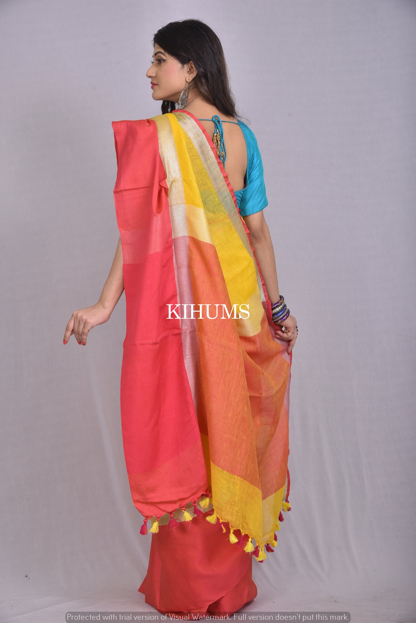 Yellow Handwoven Linen Saree | Red Contrast Border| KIHUMS Saree