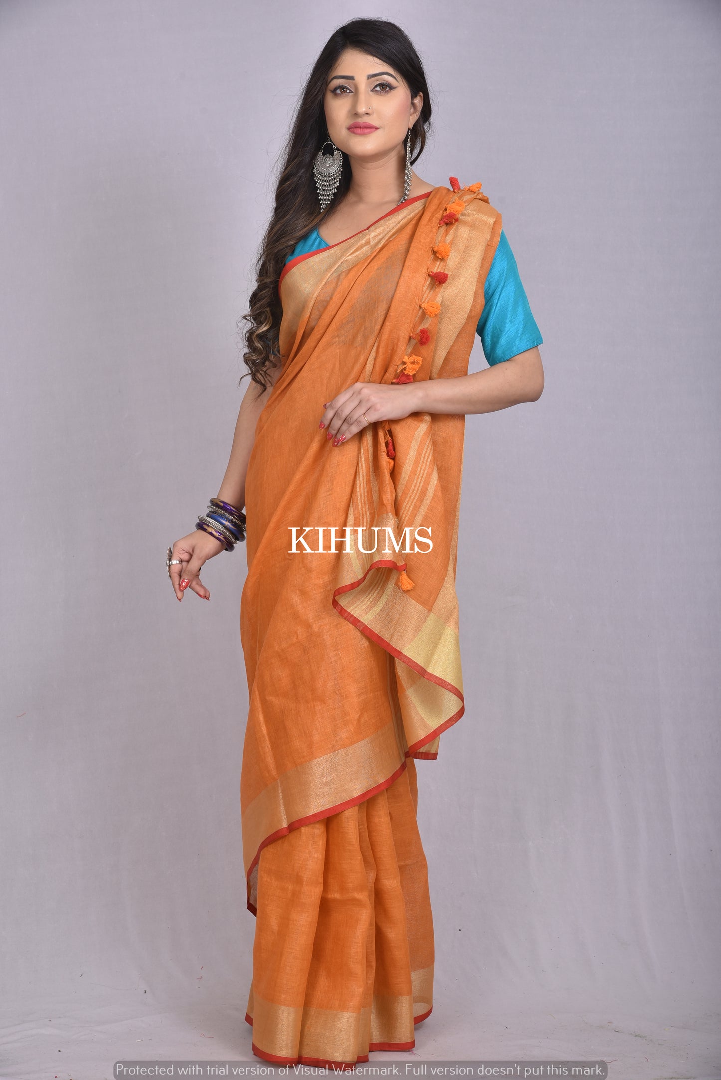 Orange Handwoven Linen Saree | Gold Zari Border| KIHUMS Saree