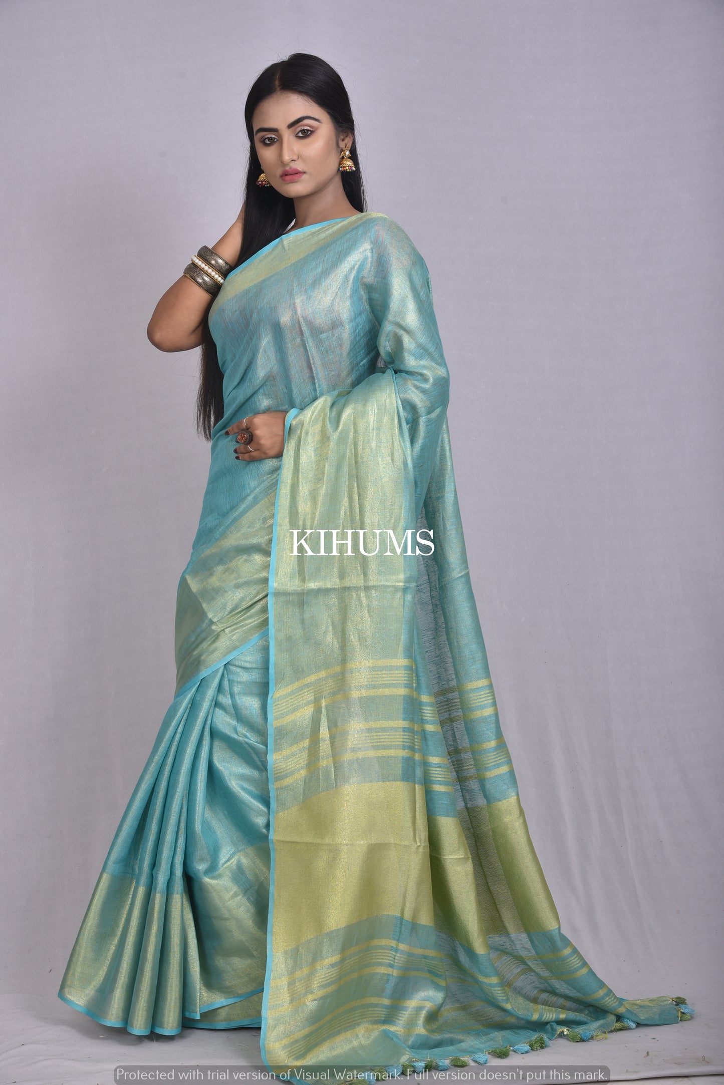 Turquoise Handwoven Tissue Linen Saree | Gold Zari Border| KIHUMS Saree