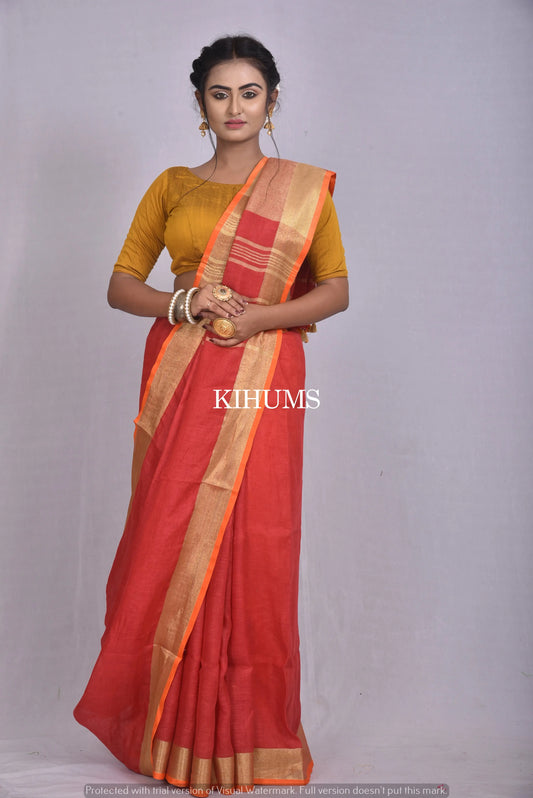 Red Handwoven Linen Saree | Gold Zari border | Contrast Blouse | KIHUMS Saree kihums clothing