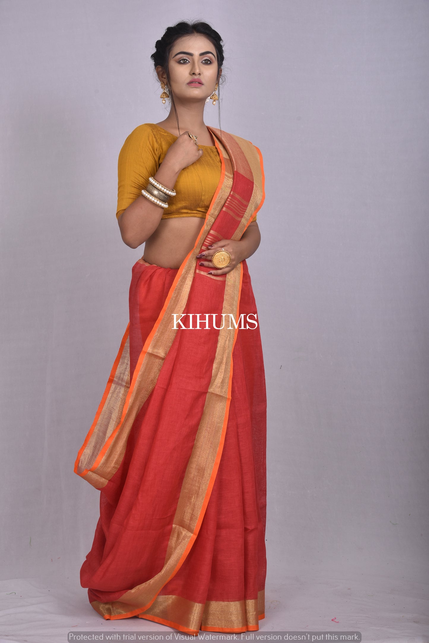 Red Handwoven Linen Saree | Gold Zari border | Contrast Blouse | KIHUMS Saree