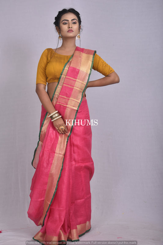 Pink Handwoven Linen Saree | Gold Zari border | Contrast Blouse | KIHUMS Saree