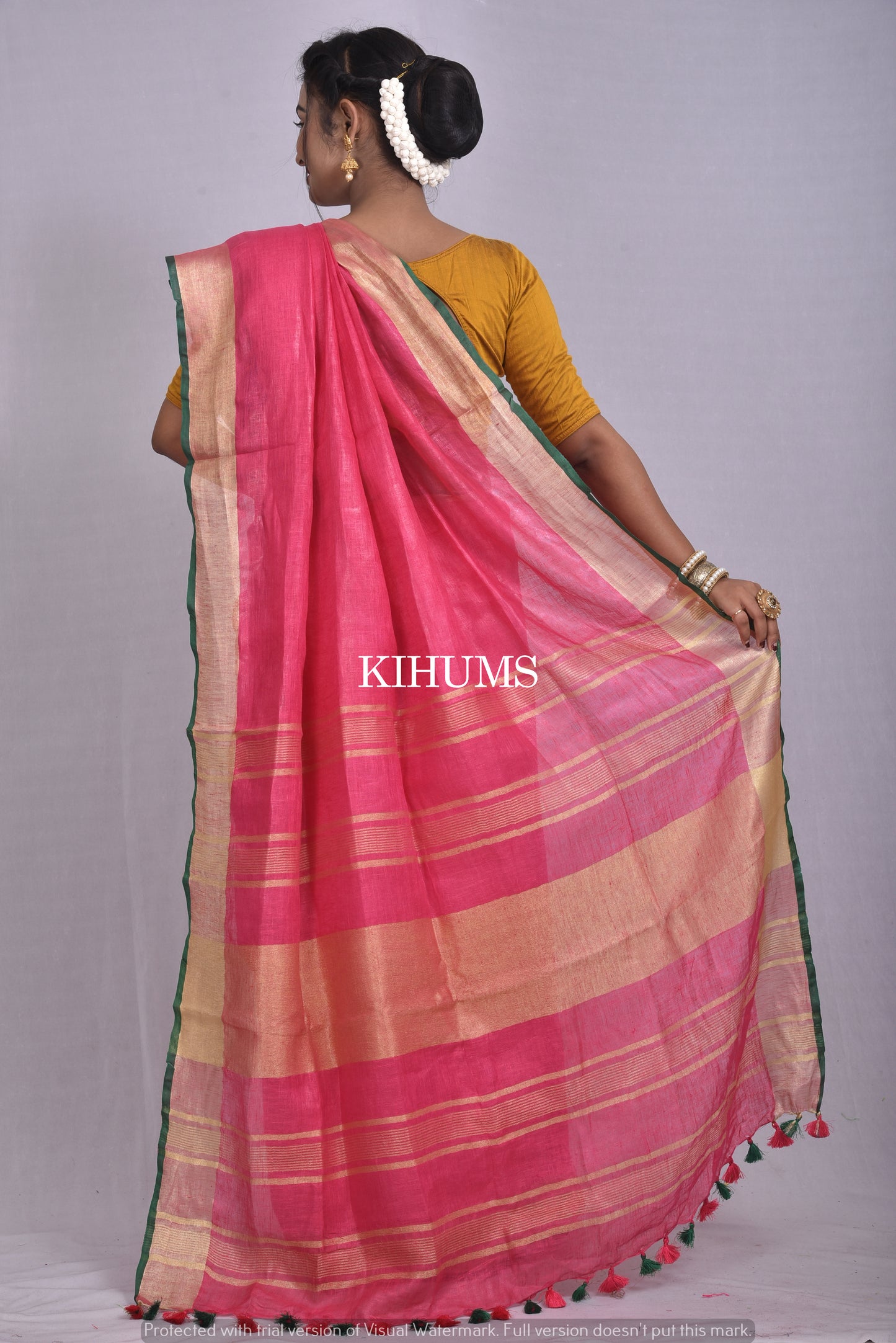 Pink Handwoven Linen Saree | Gold Zari border | Contrast Blouse | KIHUMS Saree