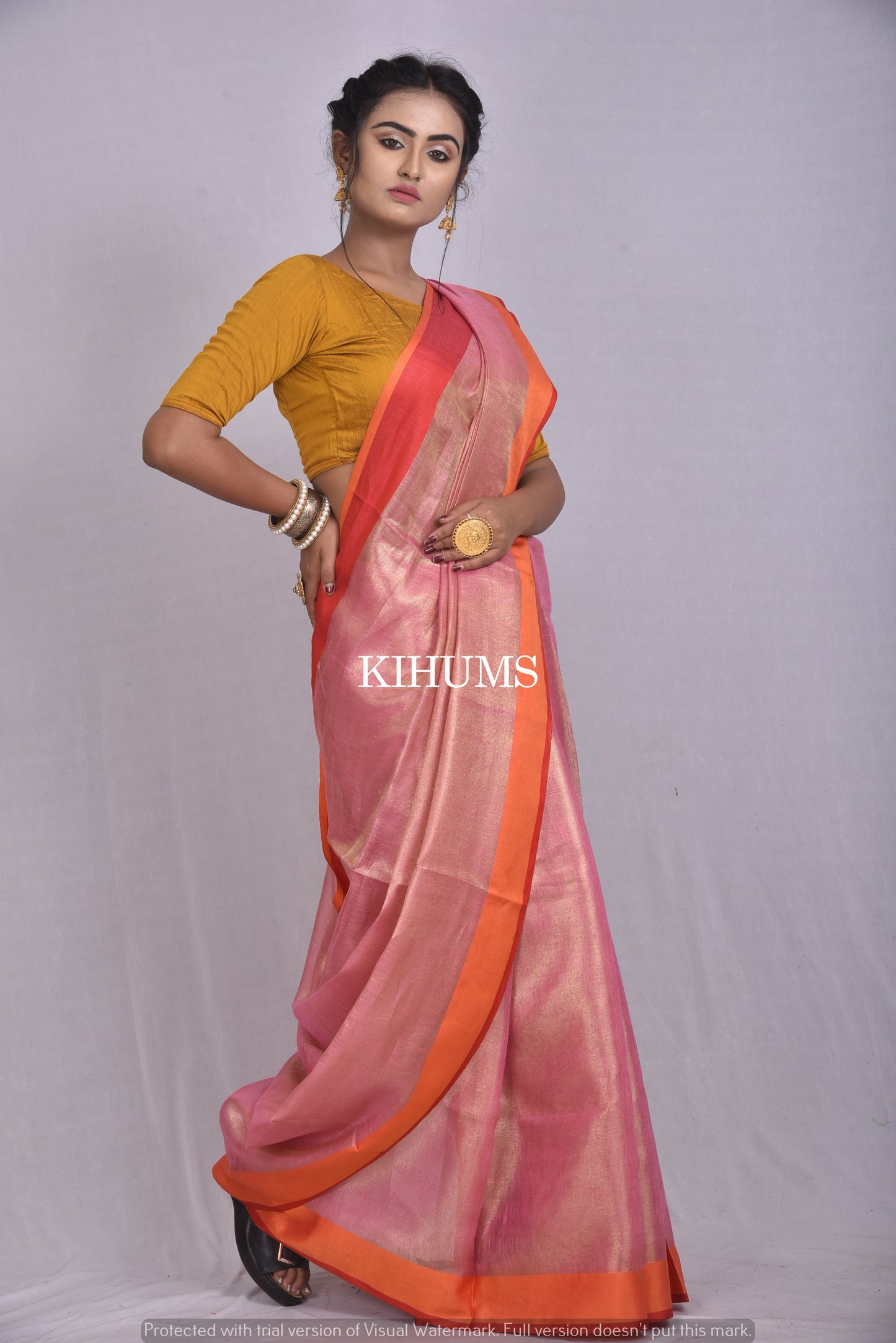 Calm Pink Shade with Gold Tinge | Tissue Linen Saree | Contrast Border | KIHUMS Saree
