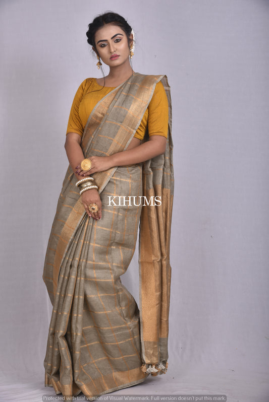 Grey Handwoven Linen Saree | Gold Zari border | Zari Checks | KIHUMS Saree
