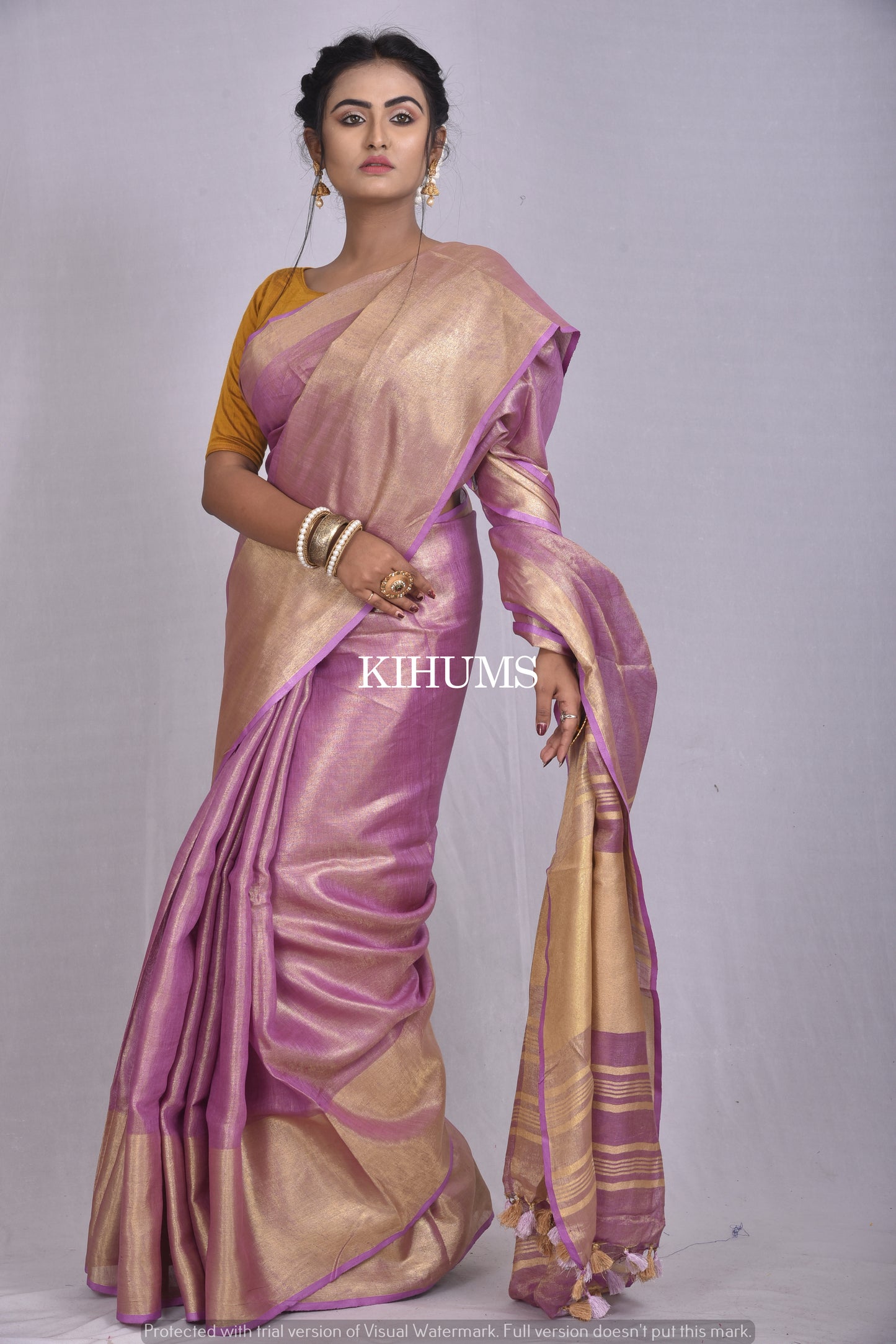 Purple Handwoven Tissue Linen Saree | Gold Zari Border| KIHUMS Saree