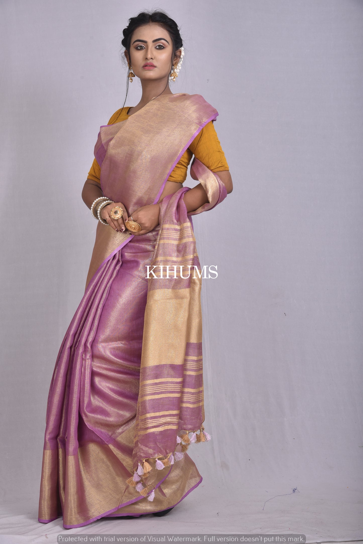 Purple Handwoven Tissue Linen Saree | Gold Zari Border| KIHUMS Saree