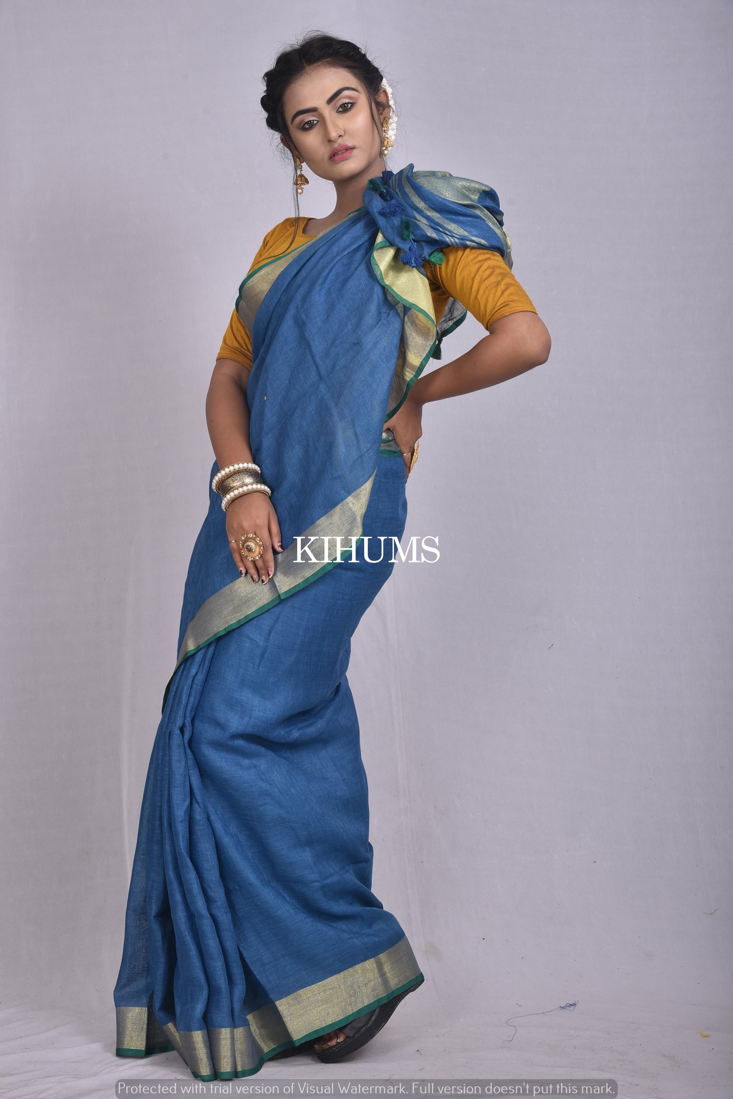Dark Blue Handwoven Linen Saree | Gold Zari border | Contrast Blouse  | KIHUMS Saree