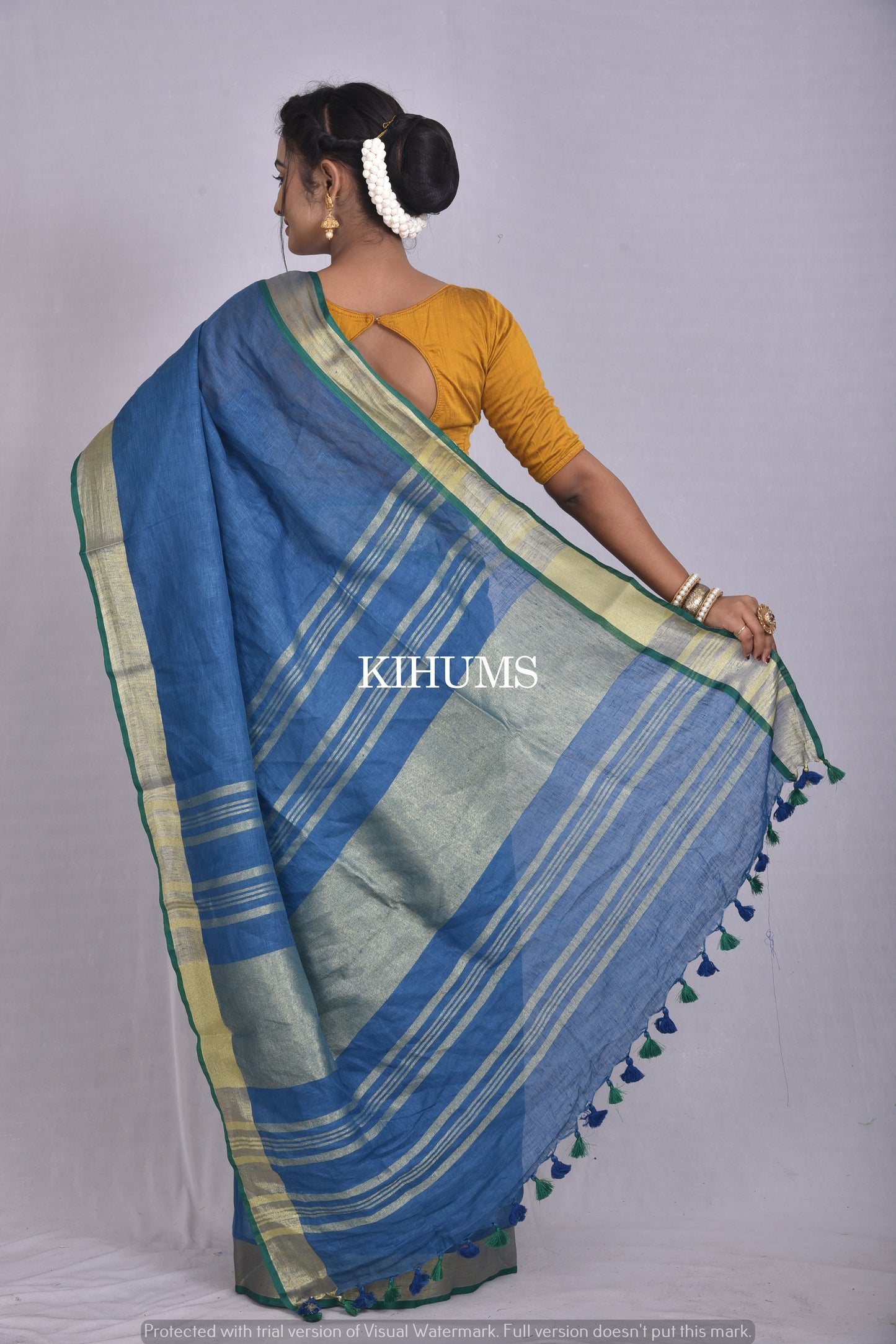 Dark Blue Handwoven Linen Saree | Gold Zari border | Contrast Blouse  | KIHUMS Saree