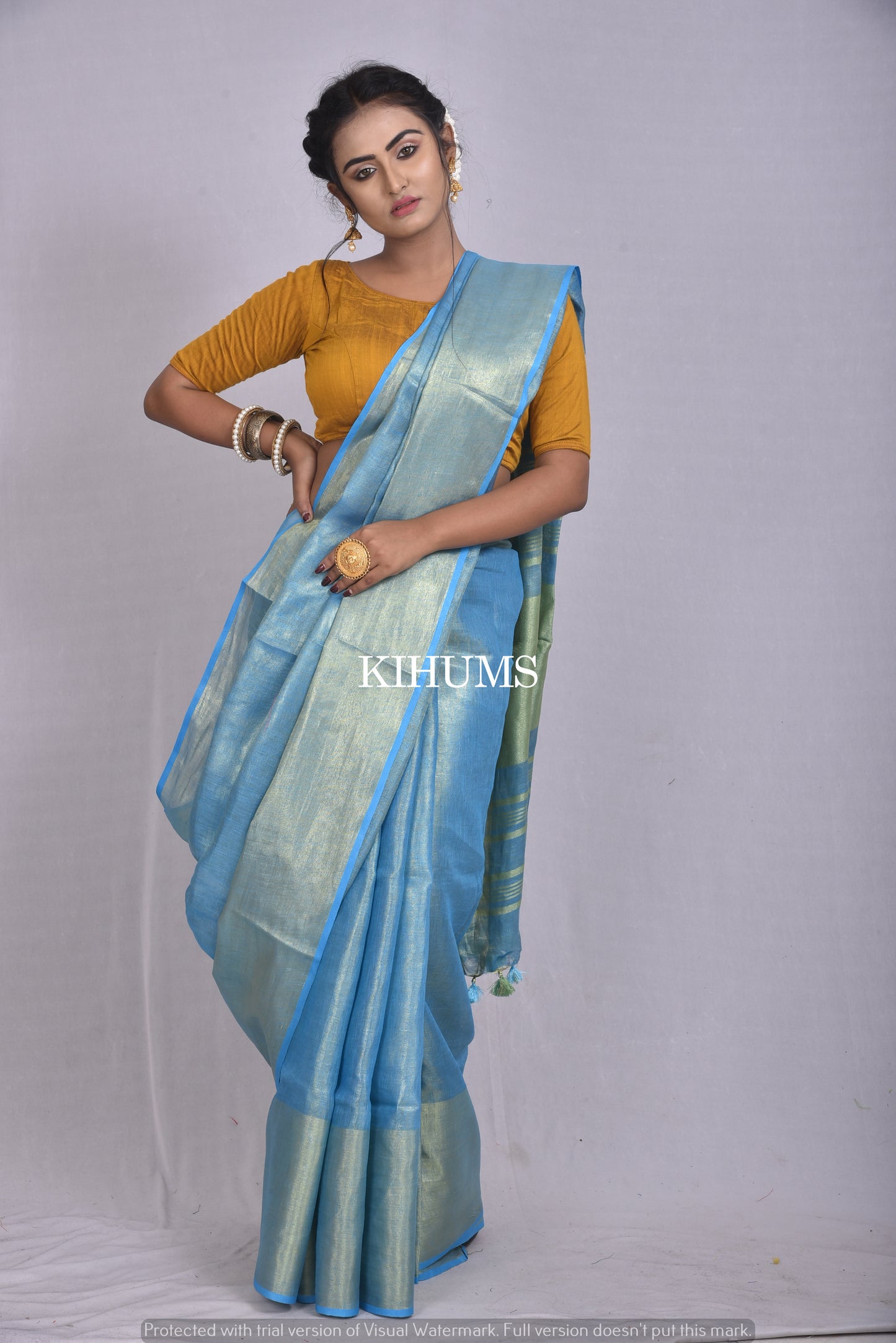 Blue Handwoven Tissue Linen Saree | Gold Zari Border| KIHUMS Saree