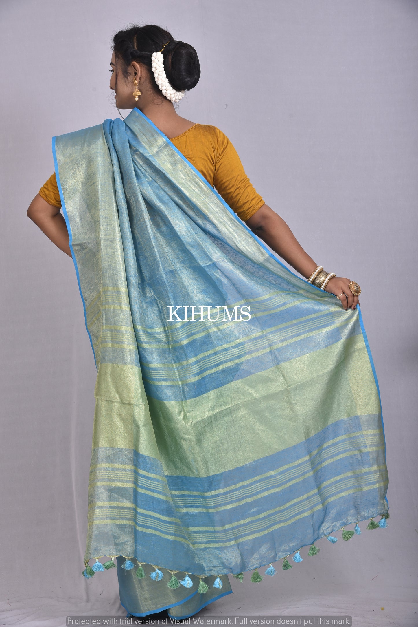 Blue Handwoven Tissue Linen Saree | Gold Zari Border| KIHUMS Saree