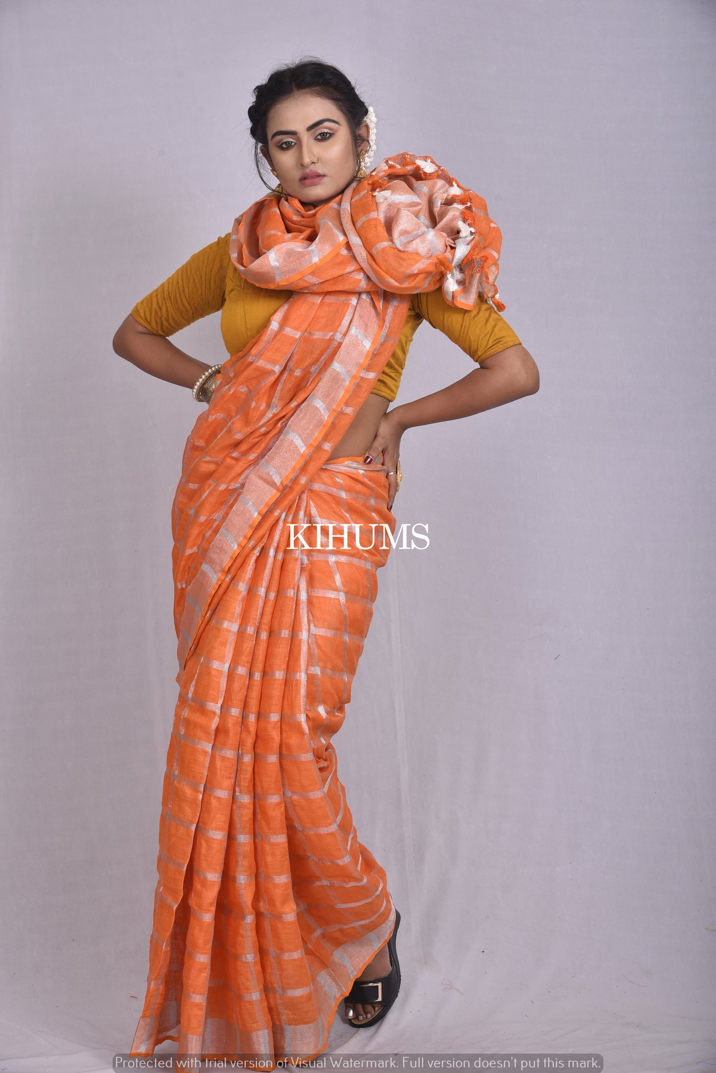 Orange Handwoven Linen Saree | Silver Zari border | Zari Checks  | KIHUMS Saree