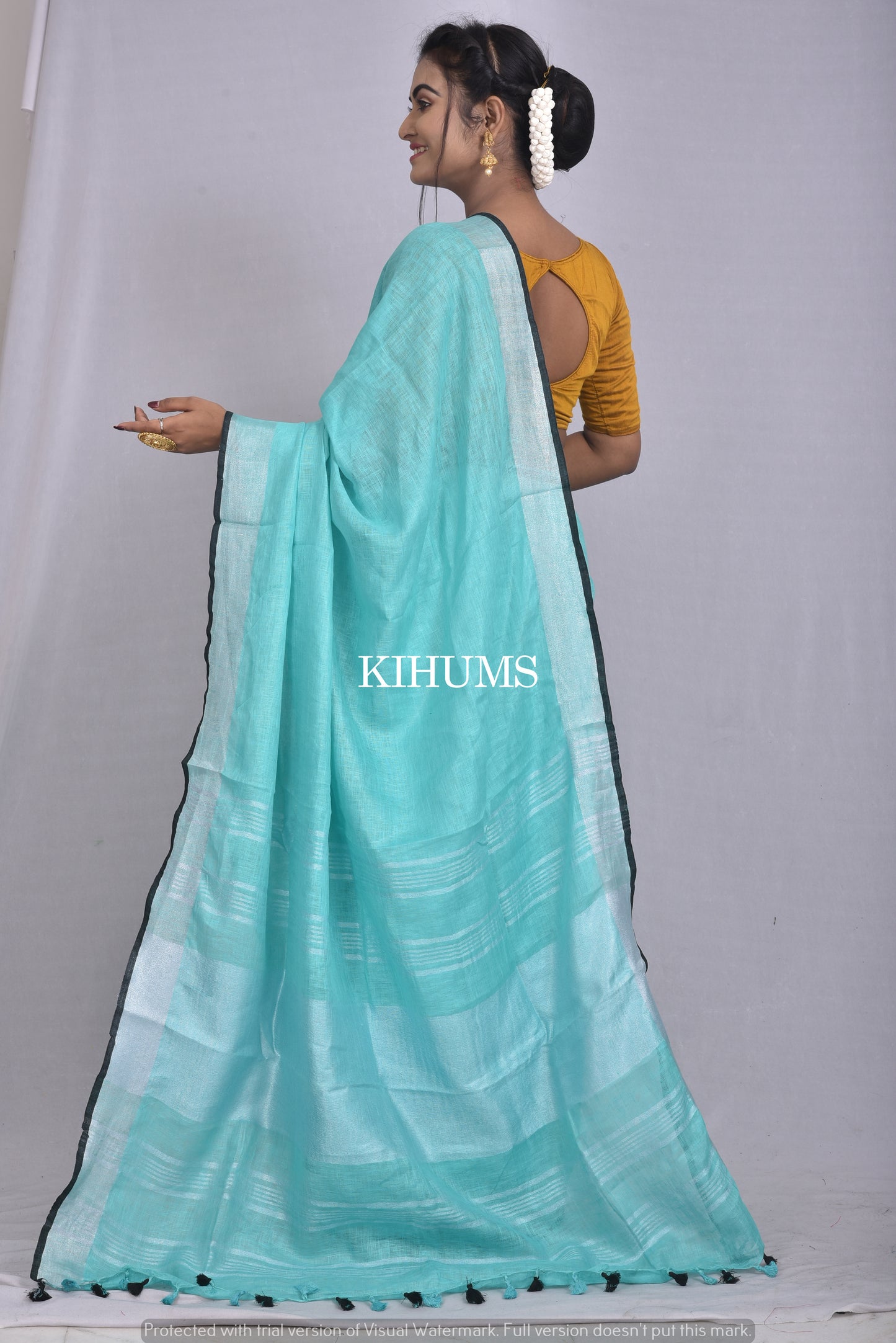 Light Blue Handwoven Linen Saree | Silver Zari Border | KIHUMS Saree