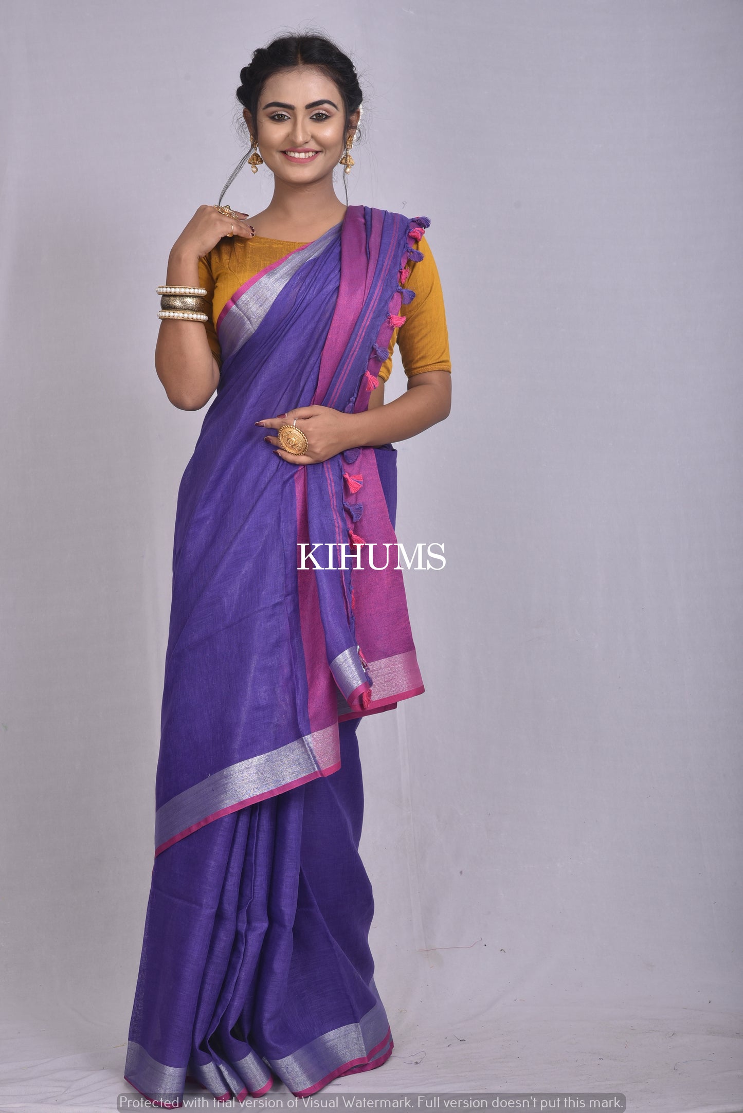 Indigo Handwoven Linen Saree | Silver Zari Border | KIHUMS Saree