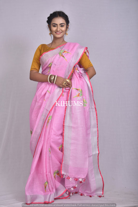 Pink Shade Handwoven Linen Saree with Embroidery Work | Silver Zari Border | KIHUMS Saree