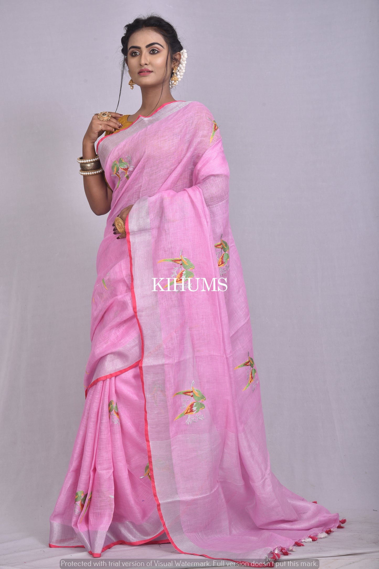 Pink Shade Handwoven Linen Saree with Embroidery Work | Silver Zari Border | KIHUMS Saree