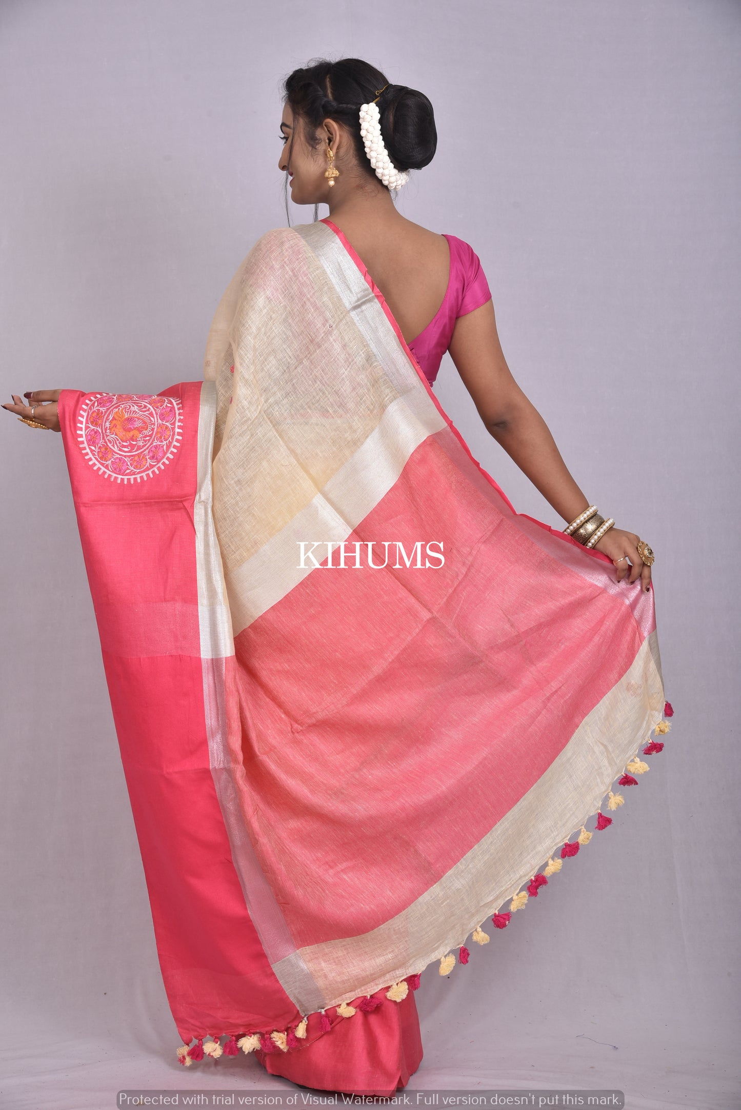 Yellow Handwoven Linen Saree with Embroidery Work | Contrast Border | KIHUMS Saree