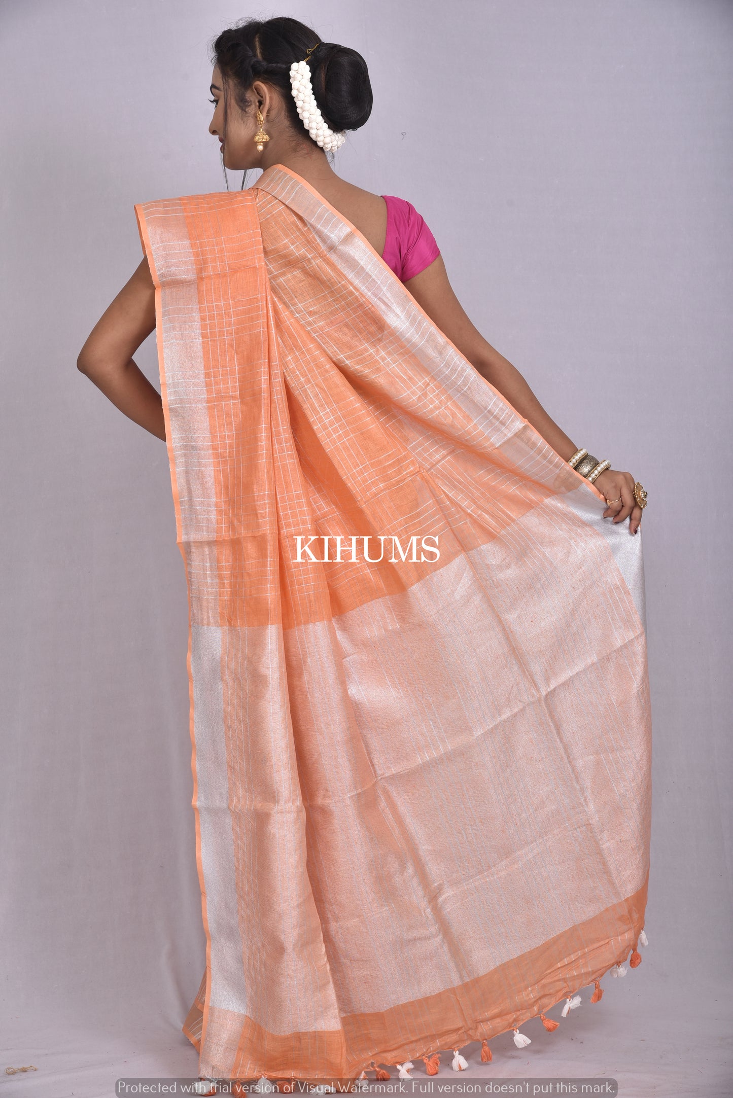 Light Orange Handwoven Linen Saree | Silver Zari Checks | Silver Border | KIHUMS Saree