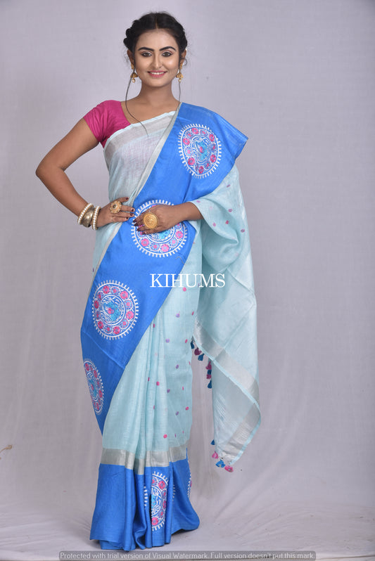 Light Handwoven Linen Saree with Embroidery Work | Contrast Border | KIHUMS Saree