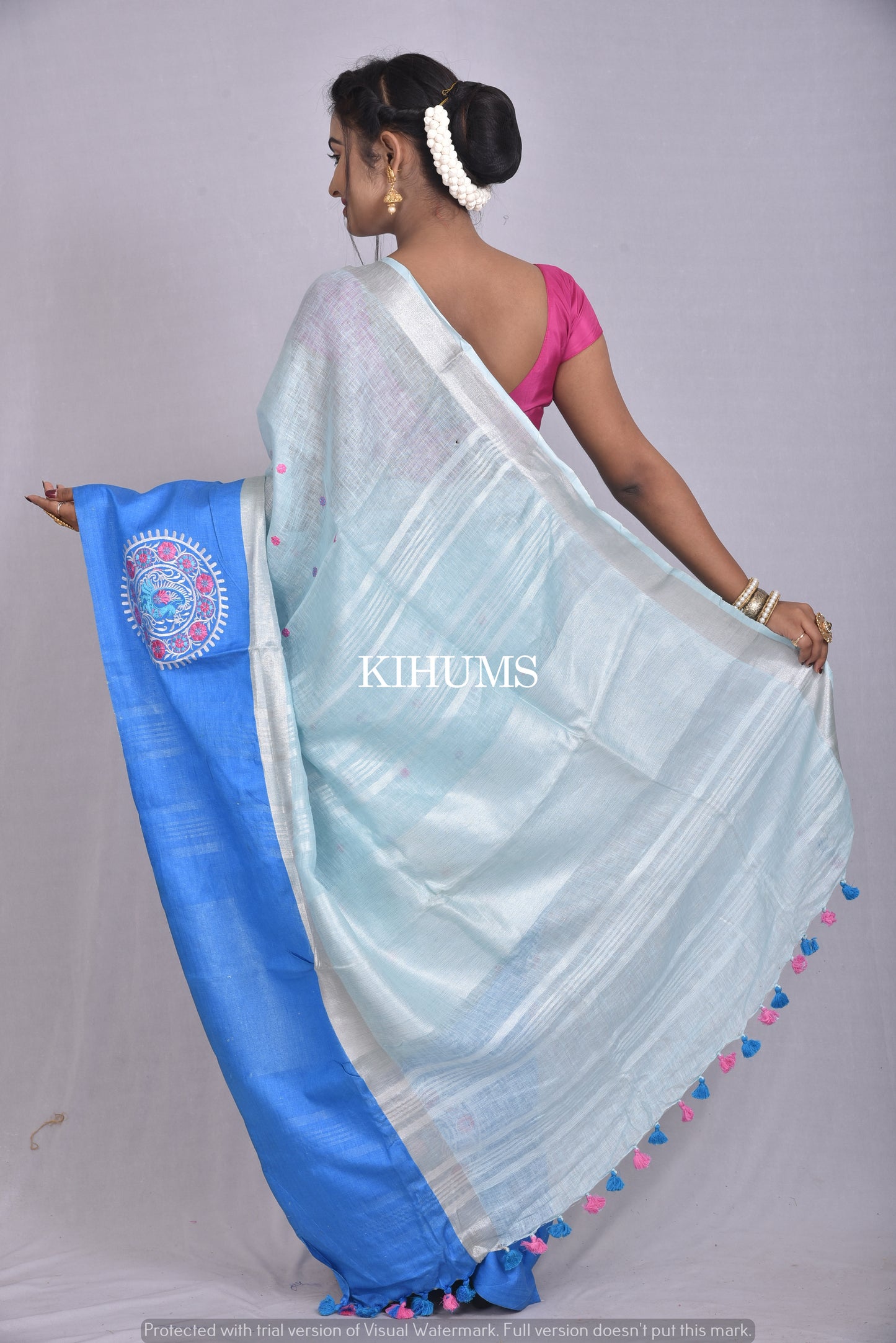 Light Handwoven Linen Saree with Embroidery Work | Contrast Border | KIHUMS Saree