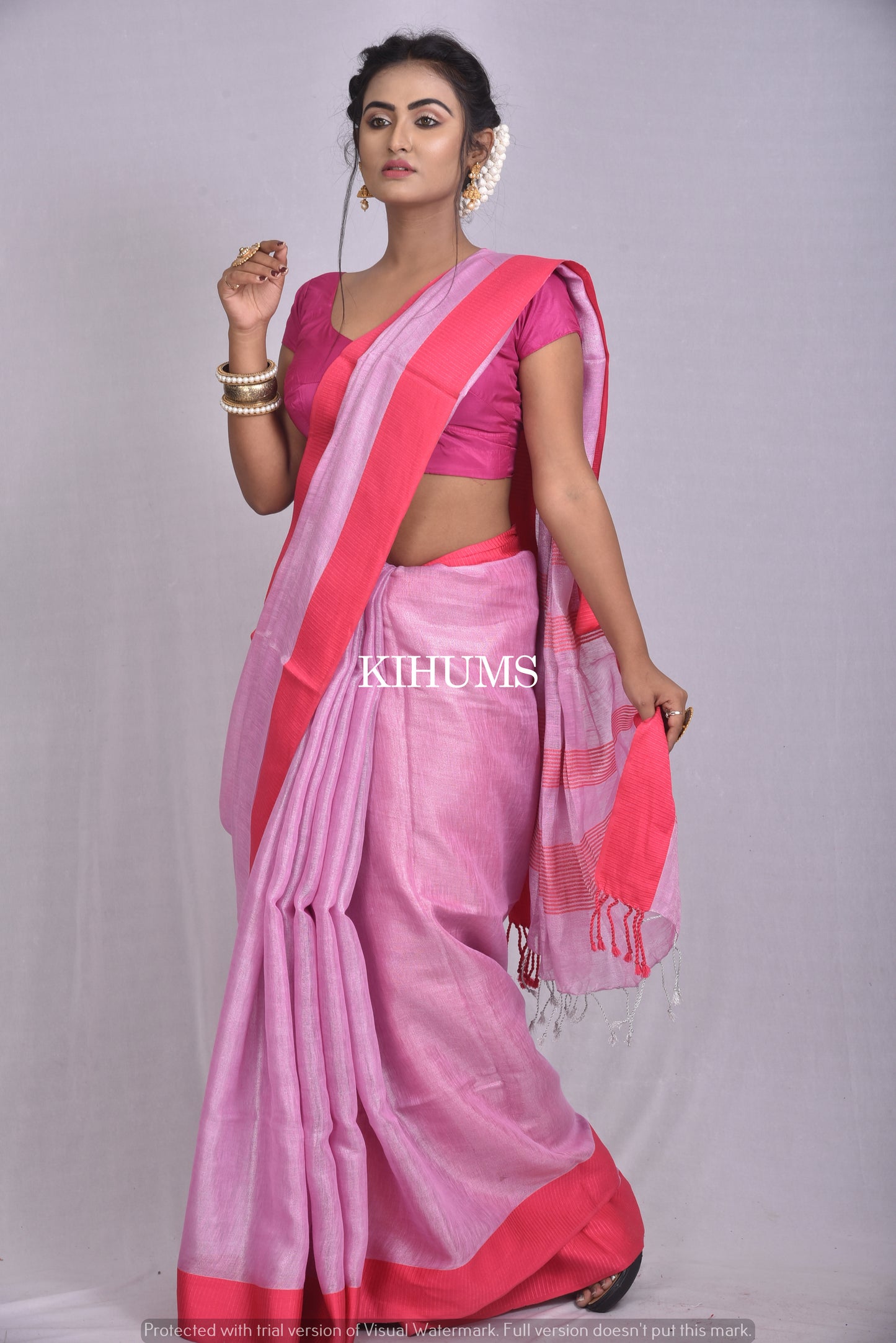 Pink Shade with Contrast Border | Tissue Linen Saree | KIHUMS Saree