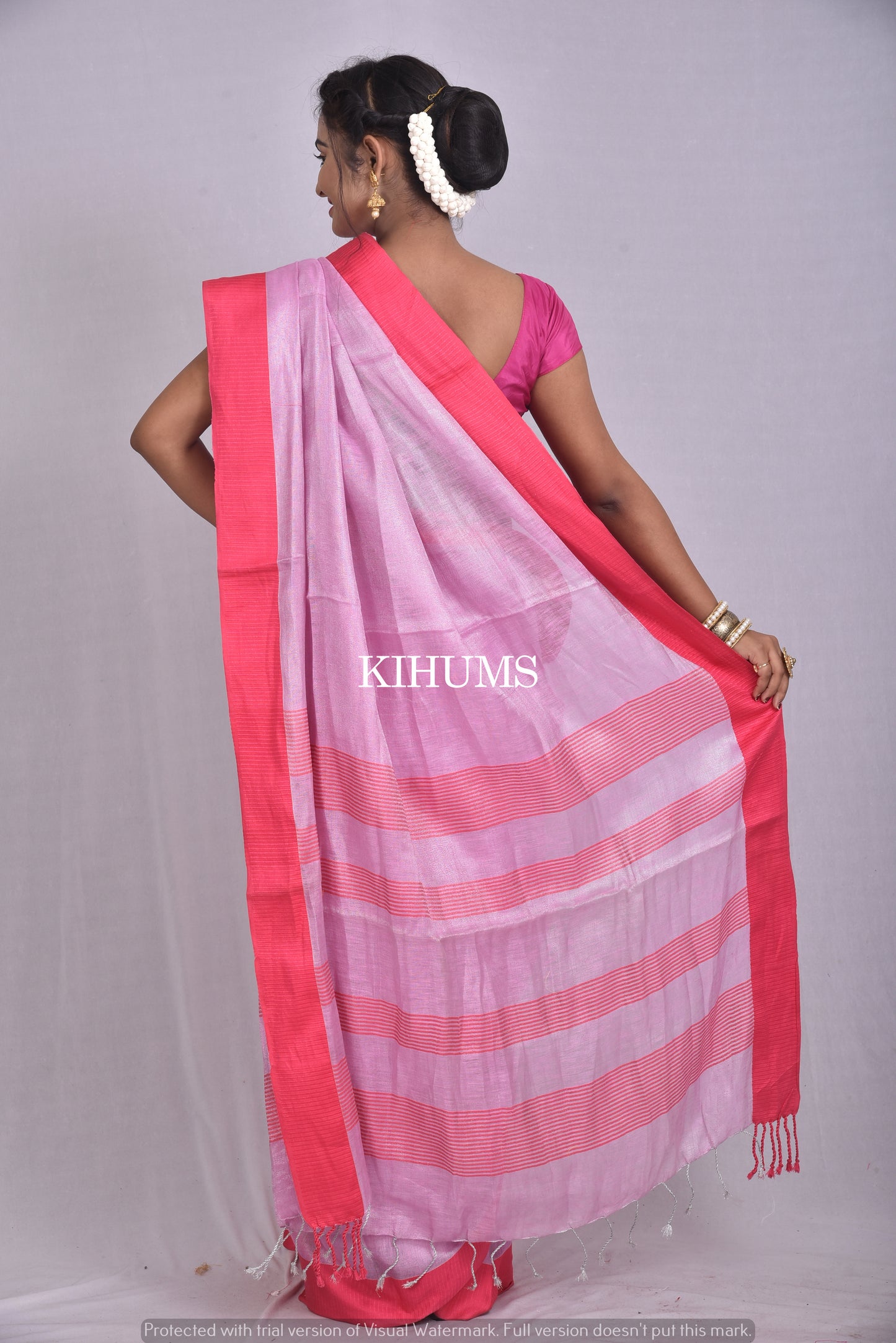 Pink Shade with Contrast Border | Tissue Linen Saree | KIHUMS Saree