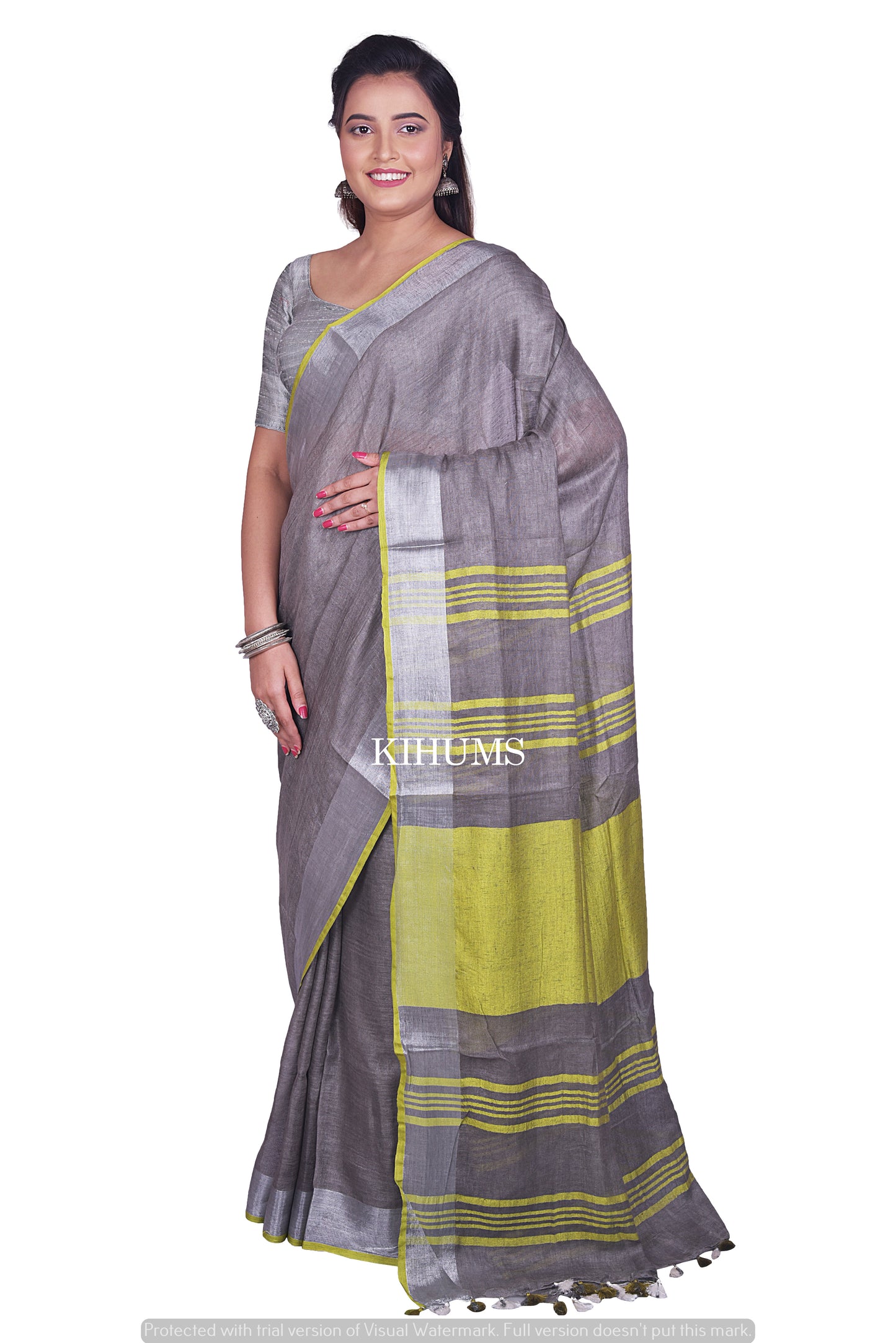 Grey Shade Handmade Pure Linen Saree | Silver Zari Border | KIHUMS Saree