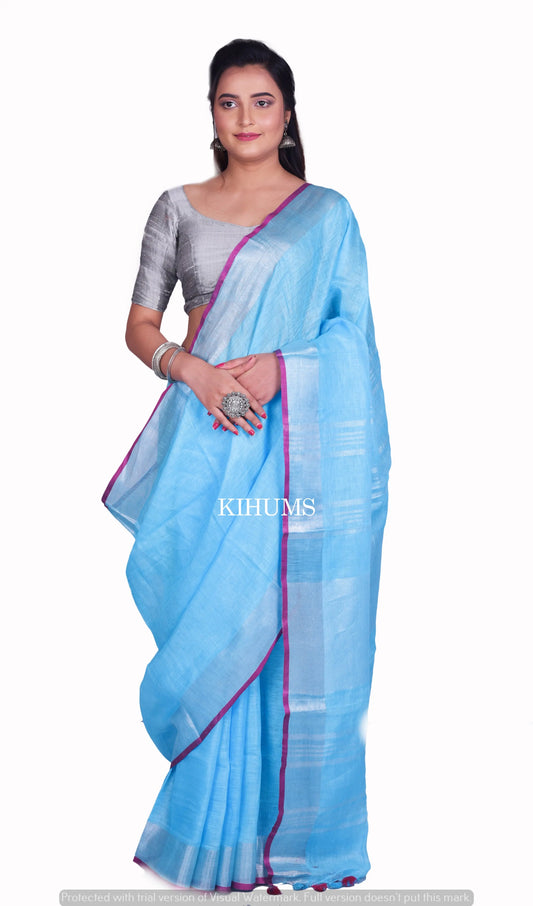 Sky Blue Shade Handmade Pure Linen Saree | Silver Zari Border | KIHUMS Saree kihums clothing