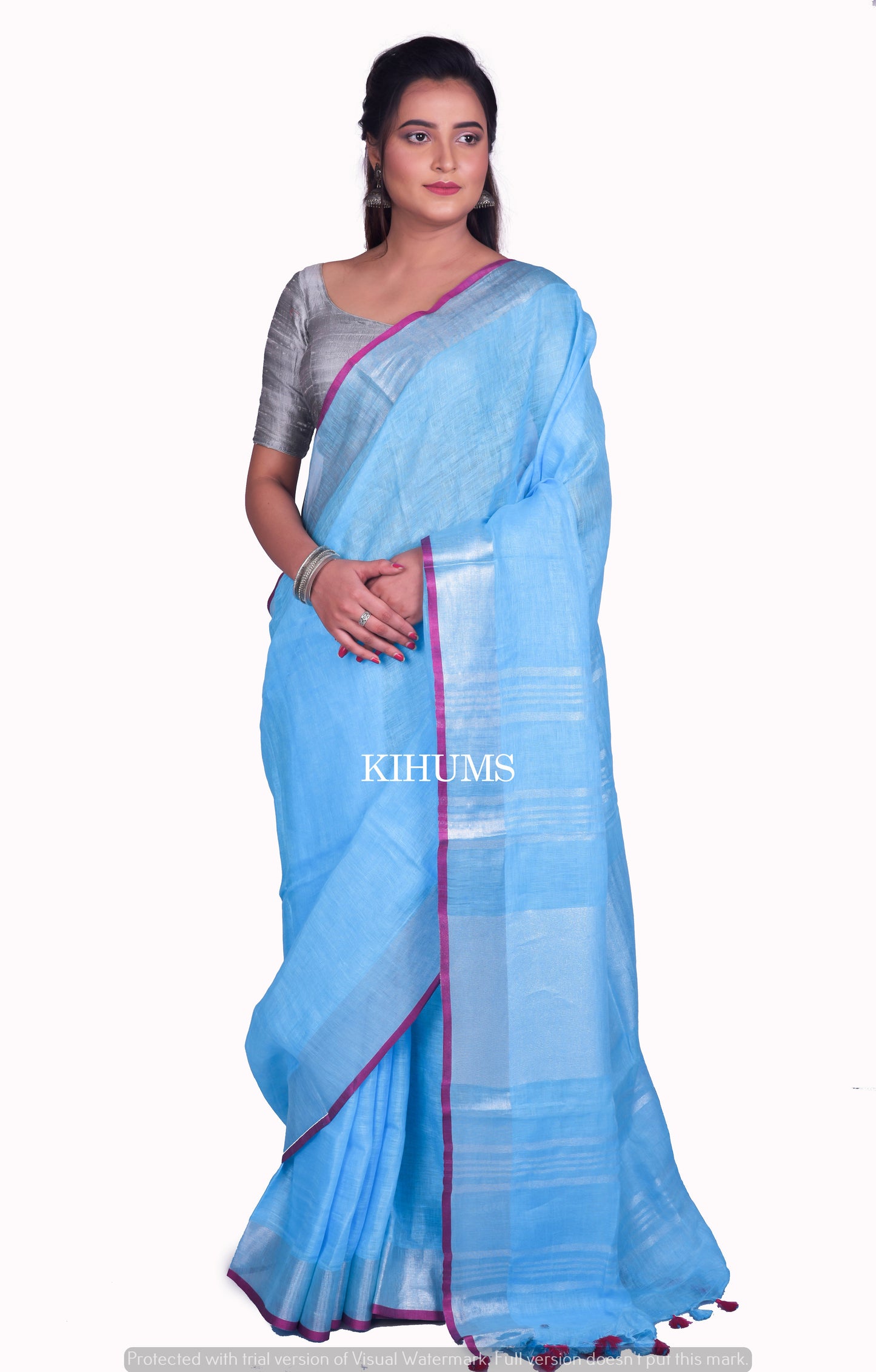 Sky Blue Shade Handmade Pure Linen Saree | Silver Zari Border | KIHUMS Saree