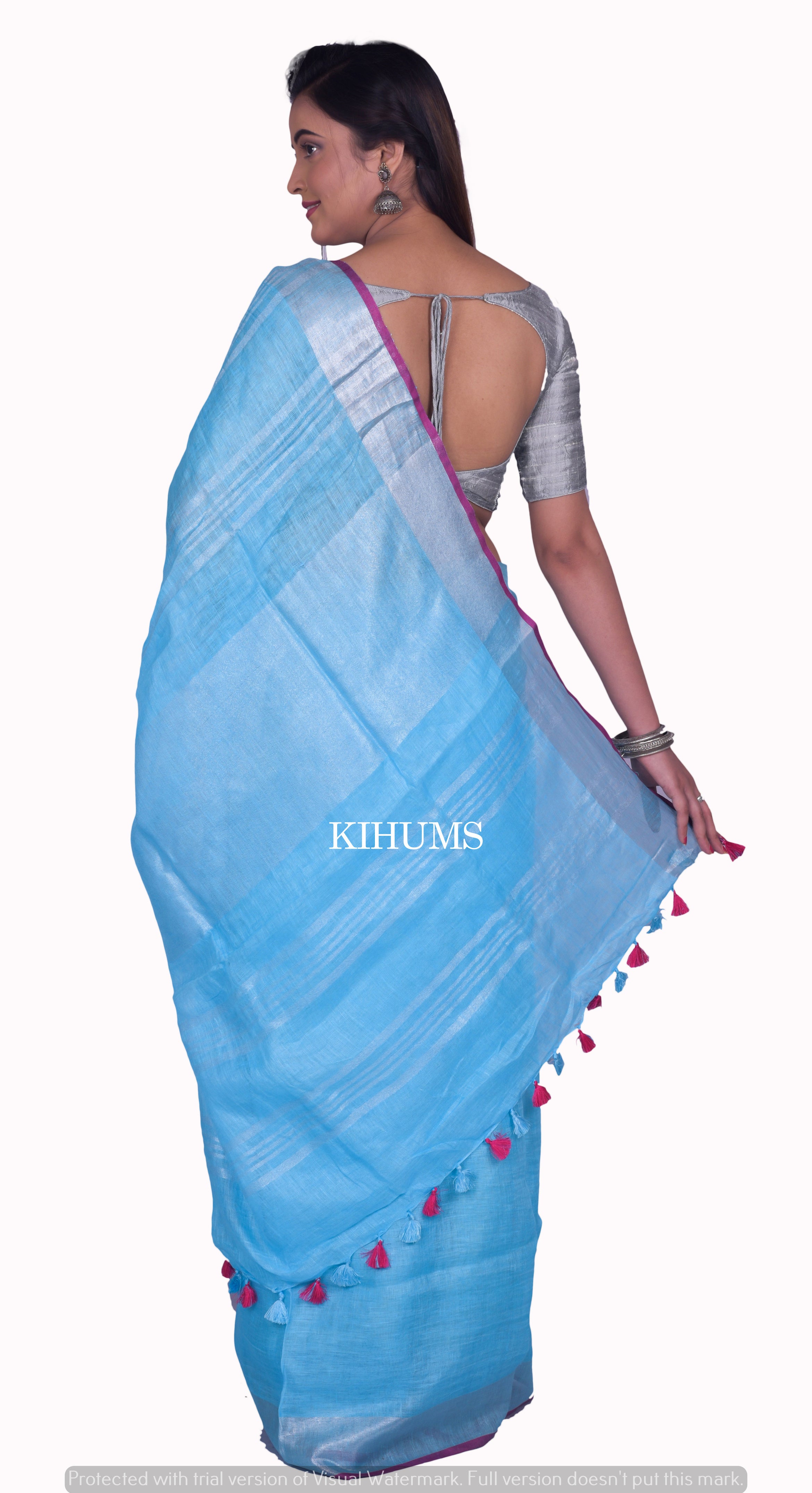 Sky Blue Linen Saree With Blouse 272676