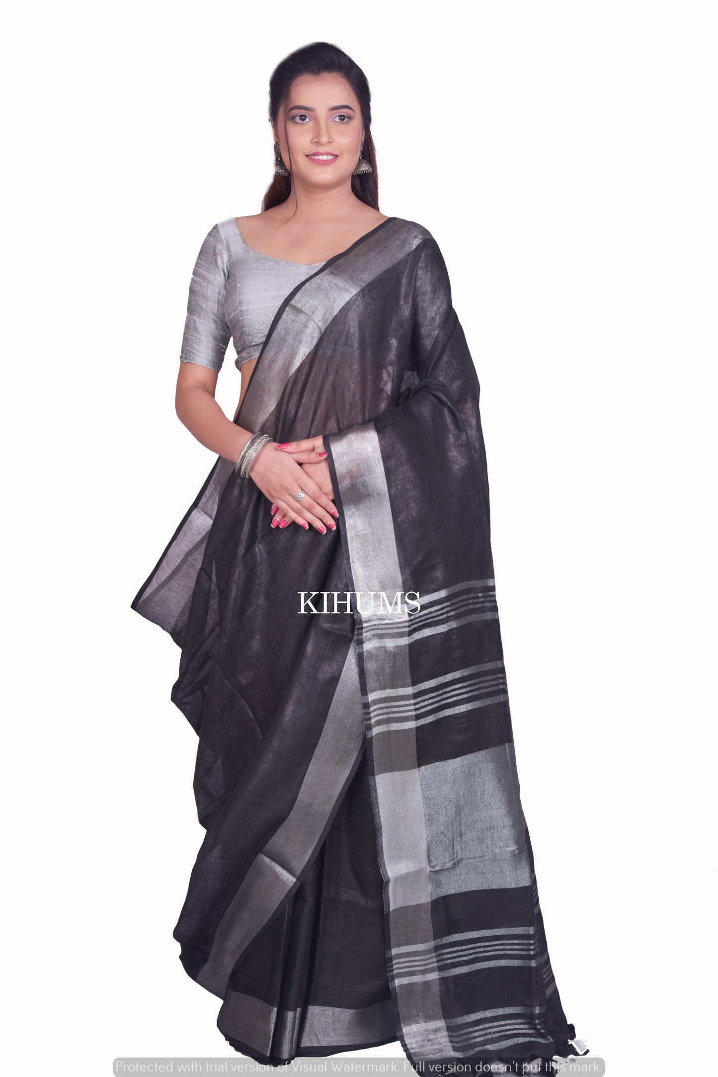 Black Handmade Pure Linen Saree | Silver Zari Border | KIHUMS Saree