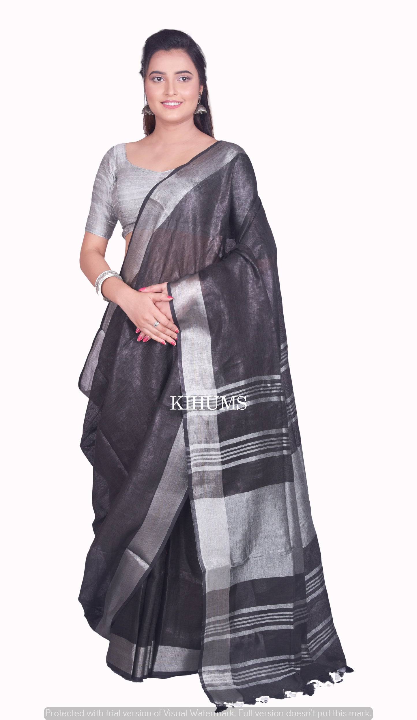 Black Handmade Pure Linen Saree | Silver Zari Border | KIHUMS Saree
