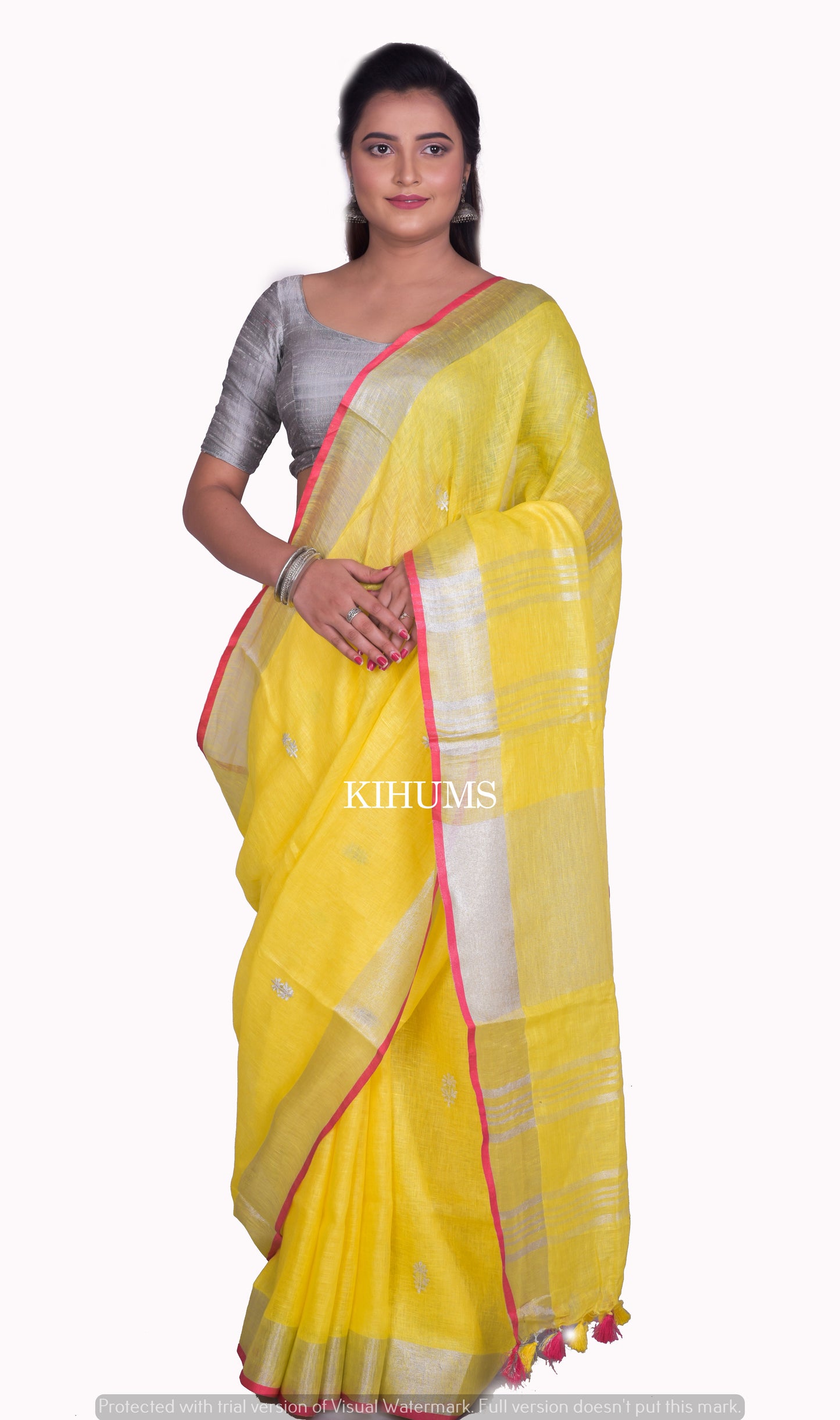 Yellow Handmade Pure Linen Saree | Embroidered Saree | Silver Zari Border | KIHUMS Saree