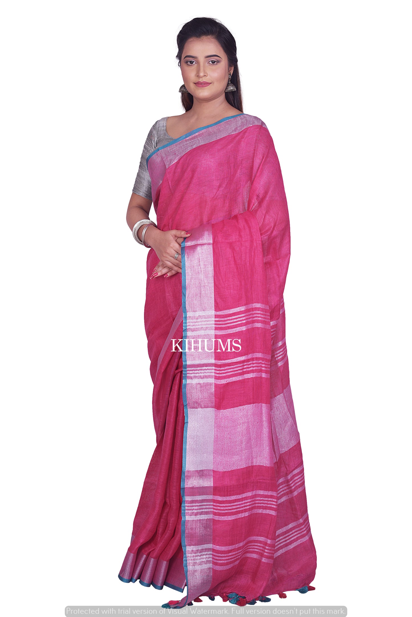 Pink Handmade Pure Linen Saree | Contrast Blouse | Silver Zari Border | KIHUMS Saree