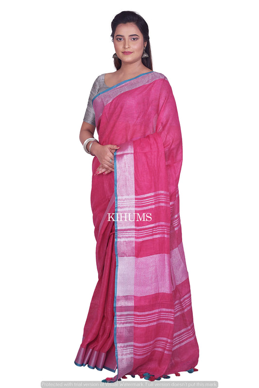 Pink Handmade Pure Linen Saree | Contrast Blouse | Silver Zari Border | KIHUMS Saree kihums clothing