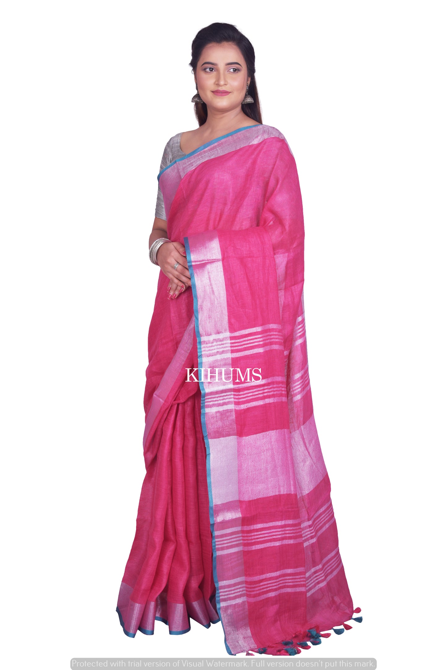 Pink Handmade Pure Linen Saree | Contrast Blouse | Silver Zari Border | KIHUMS Saree