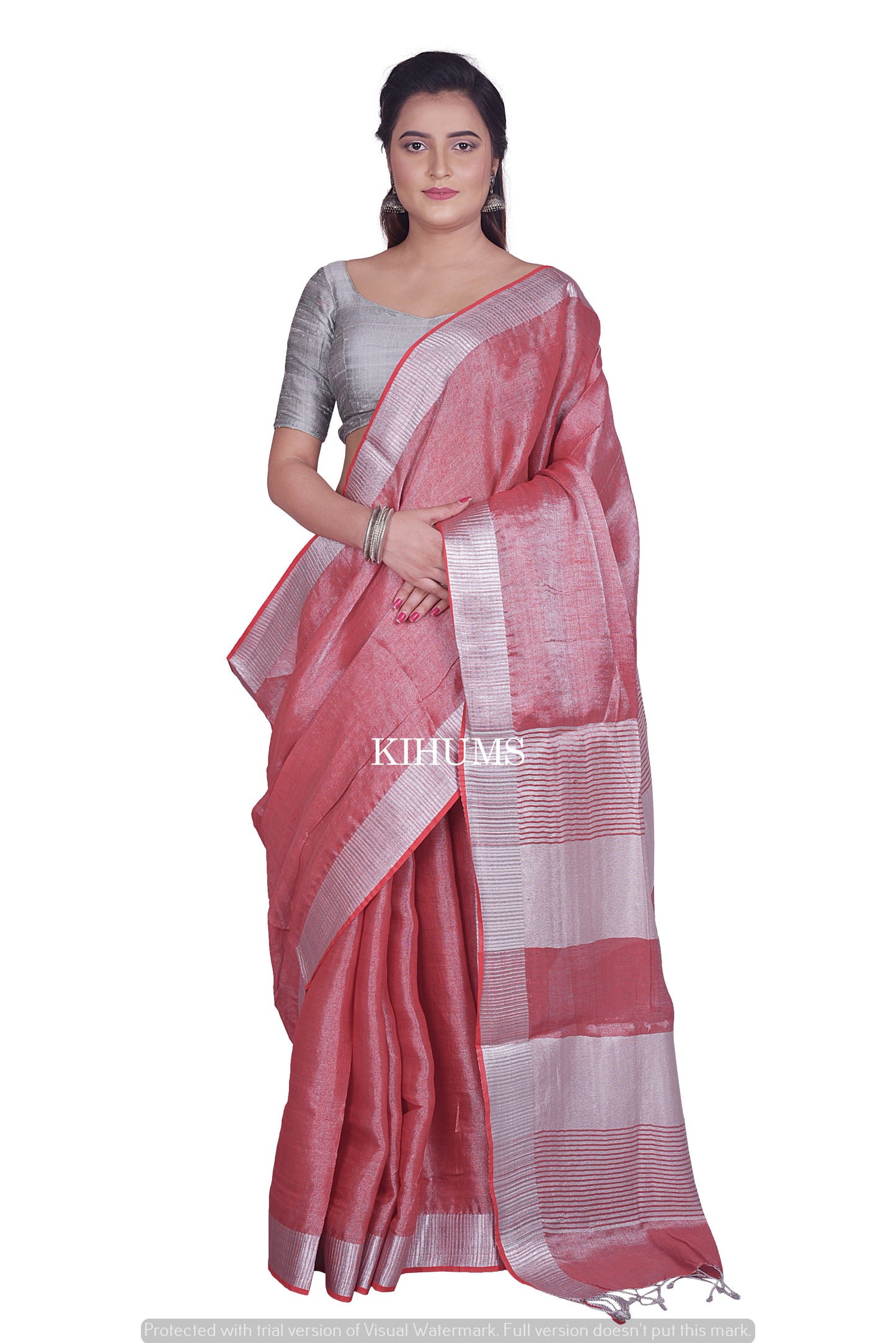 Dusty Red with Silver Tinge | Tissue Linen Saree | KIHUMS Saree