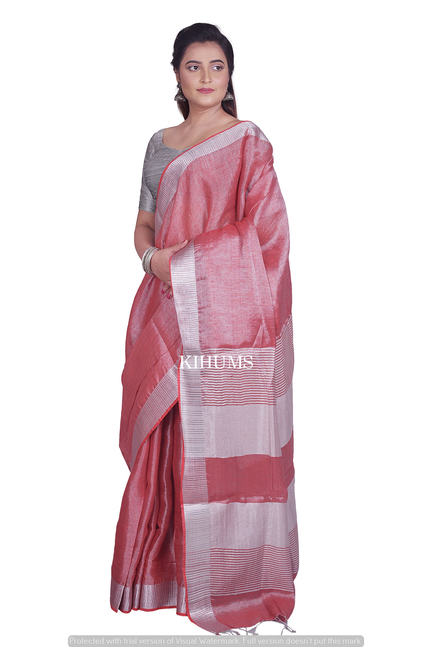 Dusty Red with Silver Tinge | Tissue Linen Saree | KIHUMS Saree
