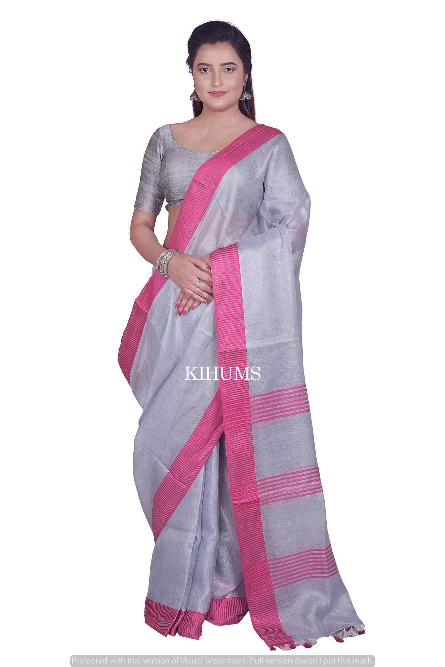 Ash Silver with Contrast Pink Border | Tissue Linen Saree | KIHUMS Saree