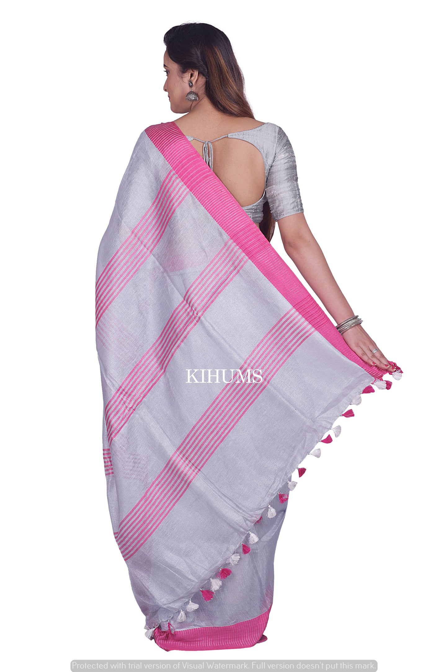 Ash Silver with Contrast Pink Border | Tissue Linen Saree | KIHUMS Saree